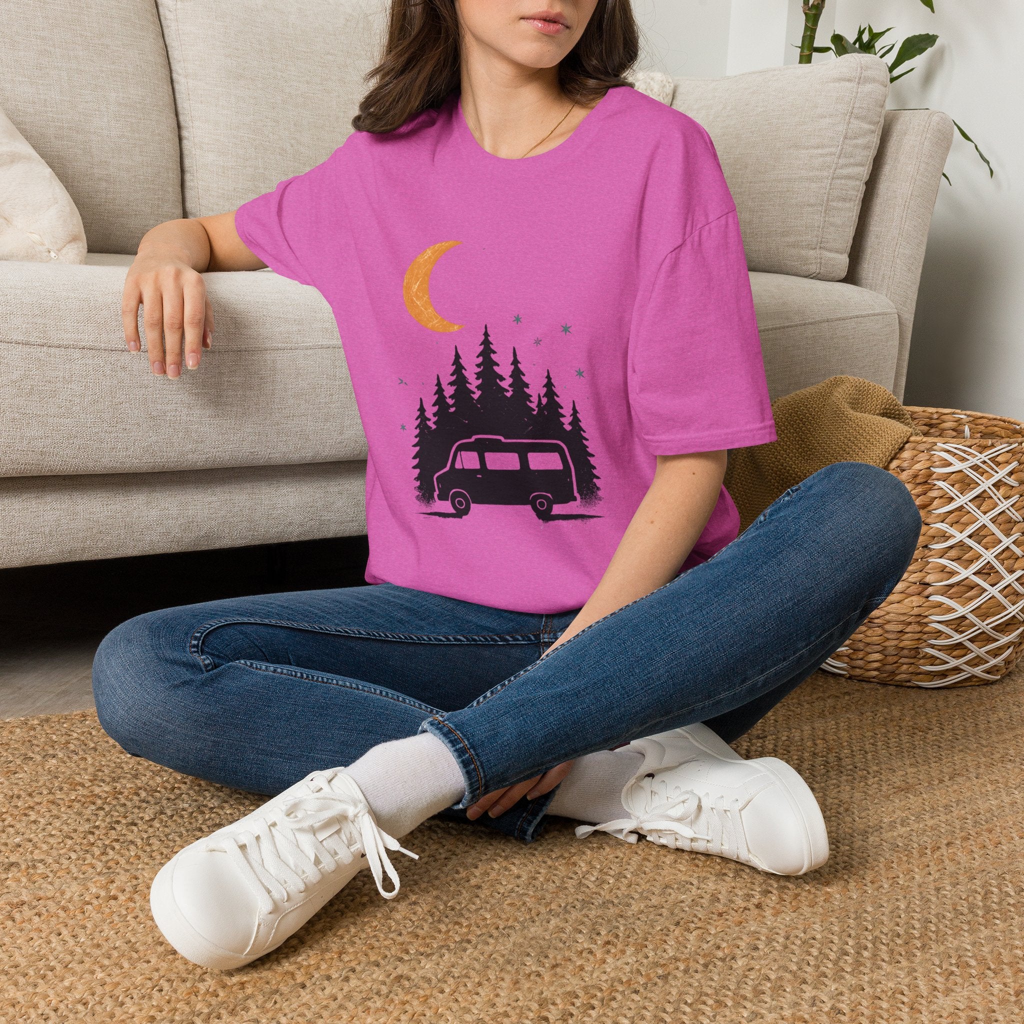 T-Shirt: Retro Camper Night Moon Tee — Forest Van Camping Graphic