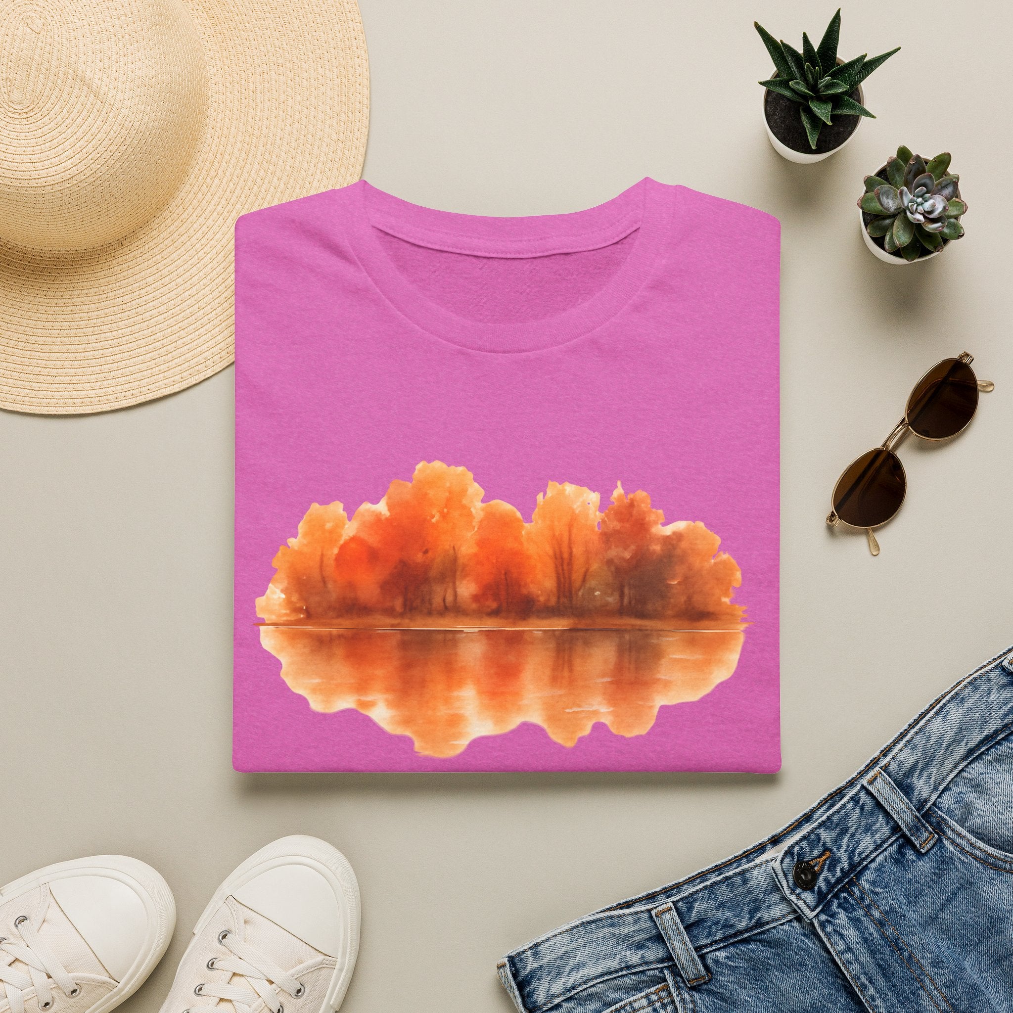 Autumn Lake Reflection T-Shirt — Orange Fall Trees Graphic Tee