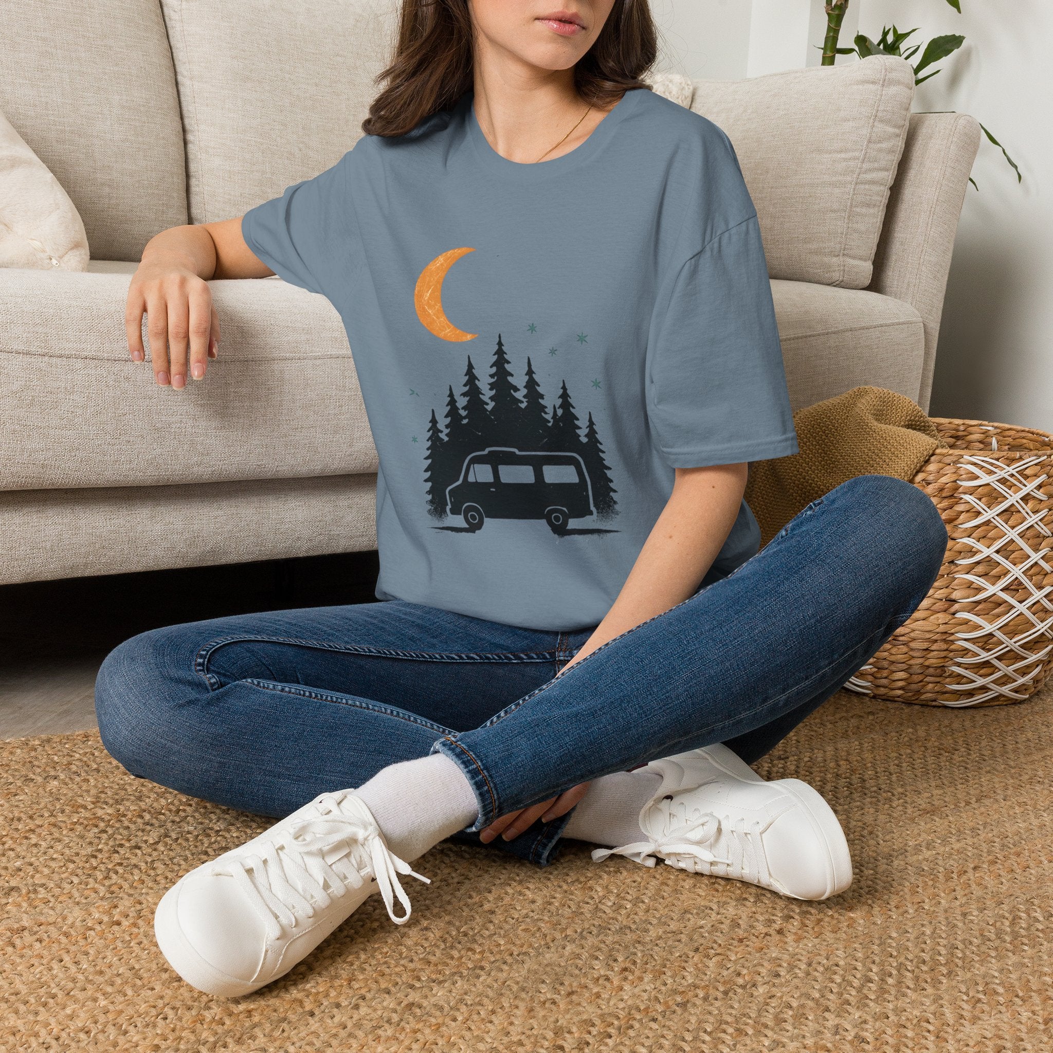 T-Shirt: Retro Camper Night Moon Tee — Forest Van Camping Graphic
