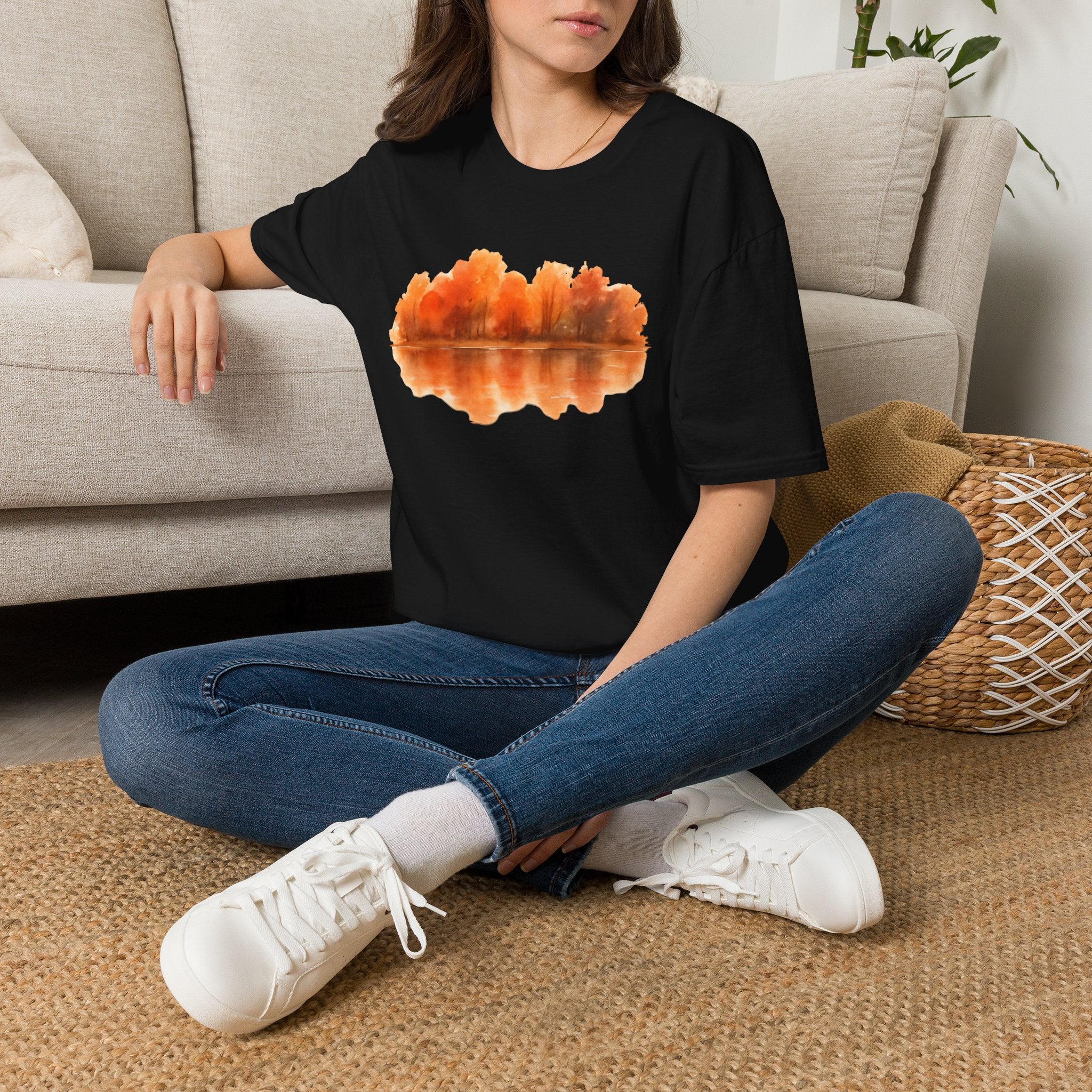 Autumn Lake Reflection T-Shirt — Orange Fall Trees Graphic Tee