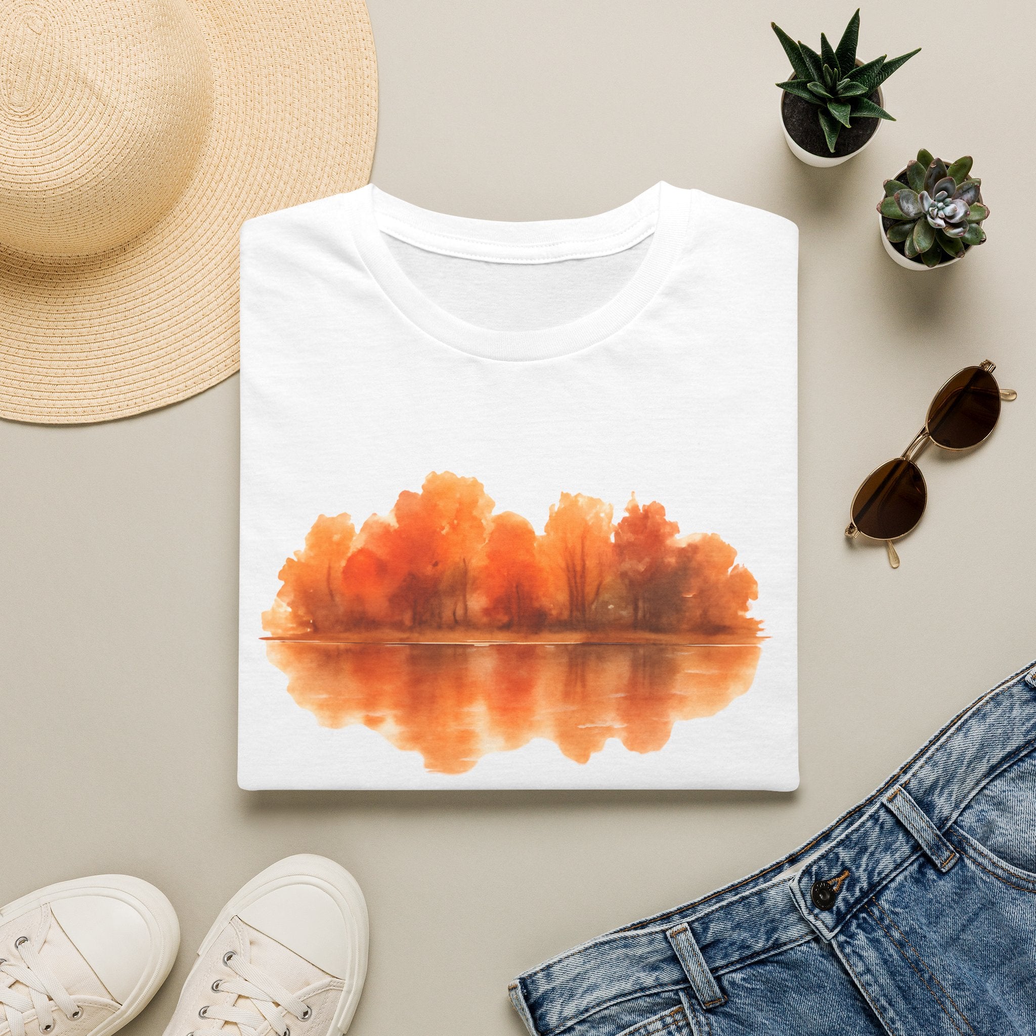 Autumn Lake Reflection T-Shirt — Orange Fall Trees Graphic Tee