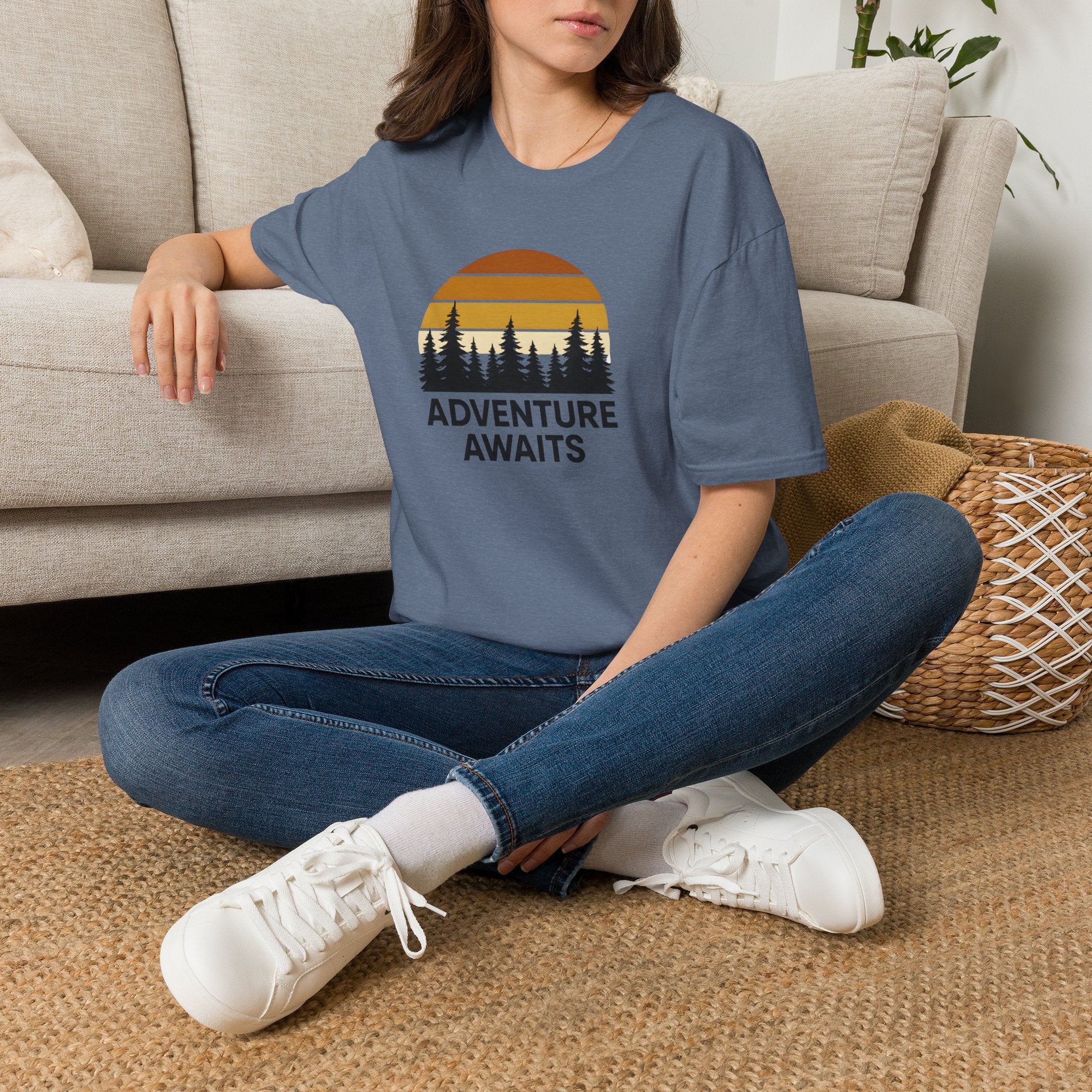 Adventure Awaits T-Shirt — Retro Sunset Forest Graphic Tee