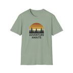 Adventure Awaits T-Shirt — Retro Sunset Forest Graphic Tee