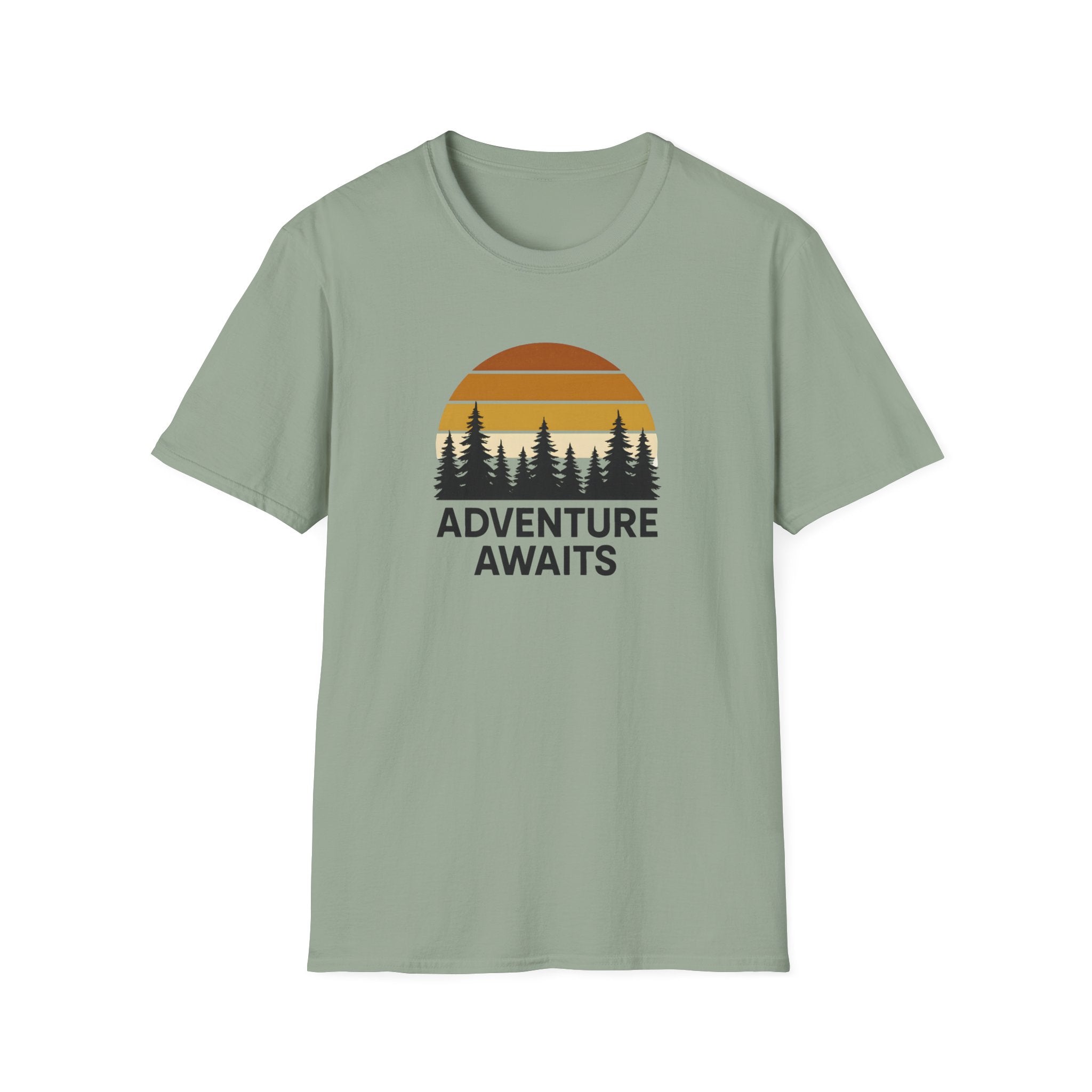 Adventure Awaits T-Shirt — Retro Sunset Forest Graphic Tee