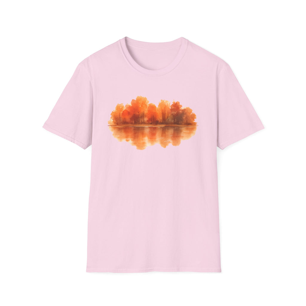 Autumn Lake Reflection T-Shirt — Orange Fall Trees Graphic Tee