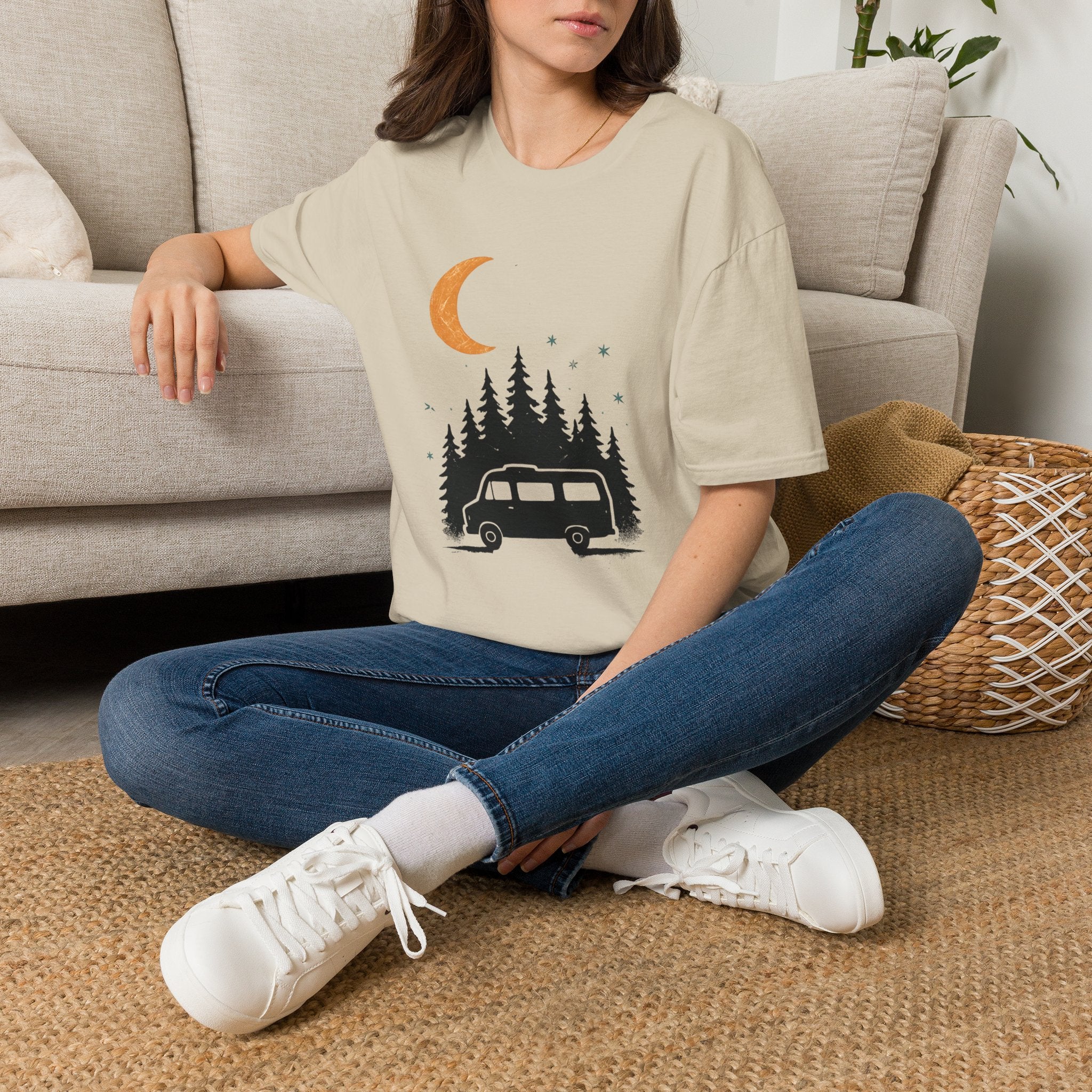 T-Shirt: Retro Camper Night Moon Tee — Forest Van Camping Graphic