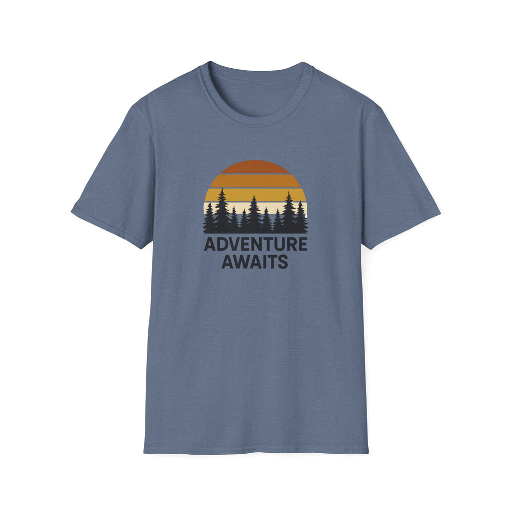 Adventure Awaits T-Shirt — Retro Sunset Forest Graphic Tee