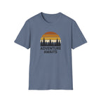 Adventure Awaits T-Shirt — Retro Sunset Forest Graphic Tee