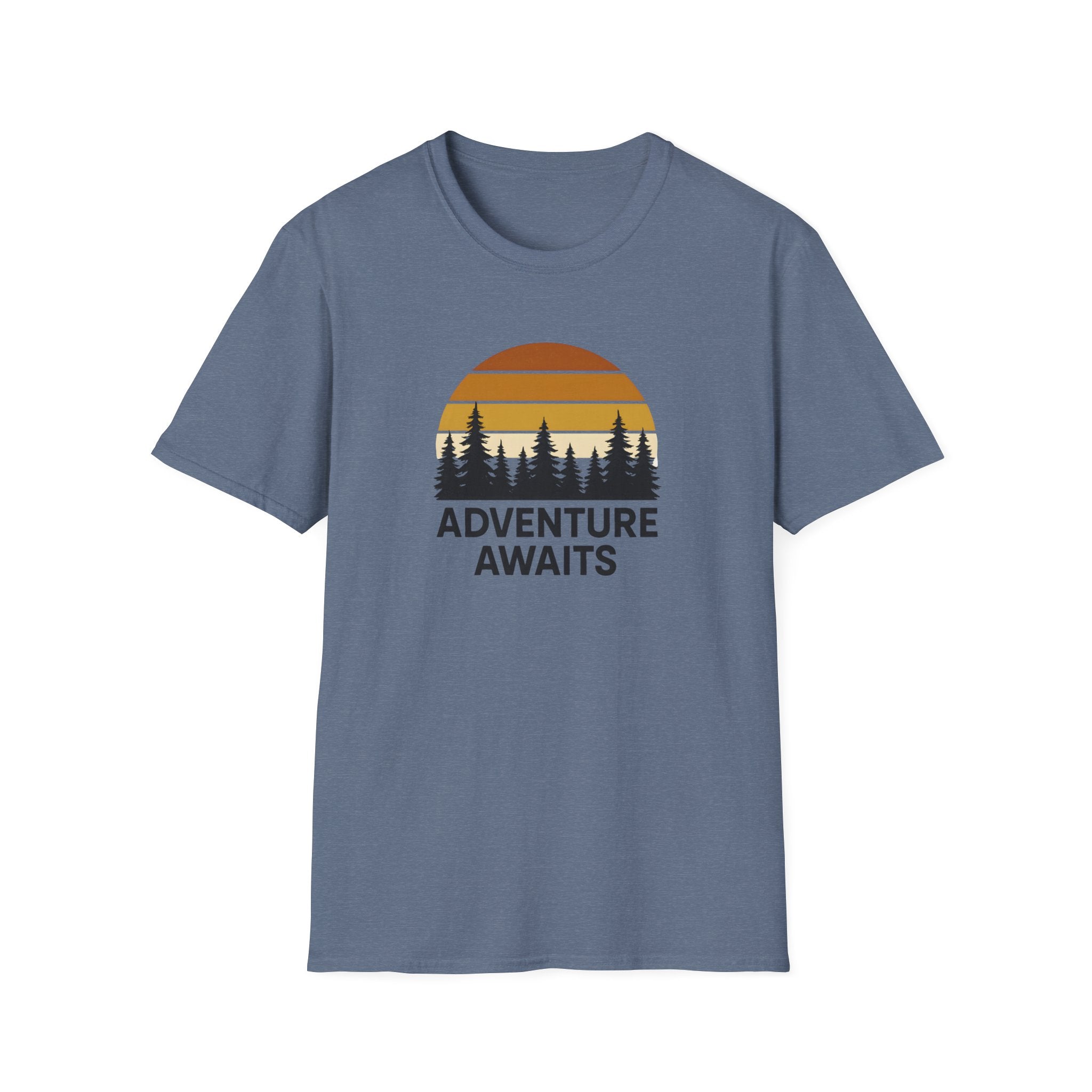 Adventure Awaits T-Shirt — Retro Sunset Forest Graphic Tee