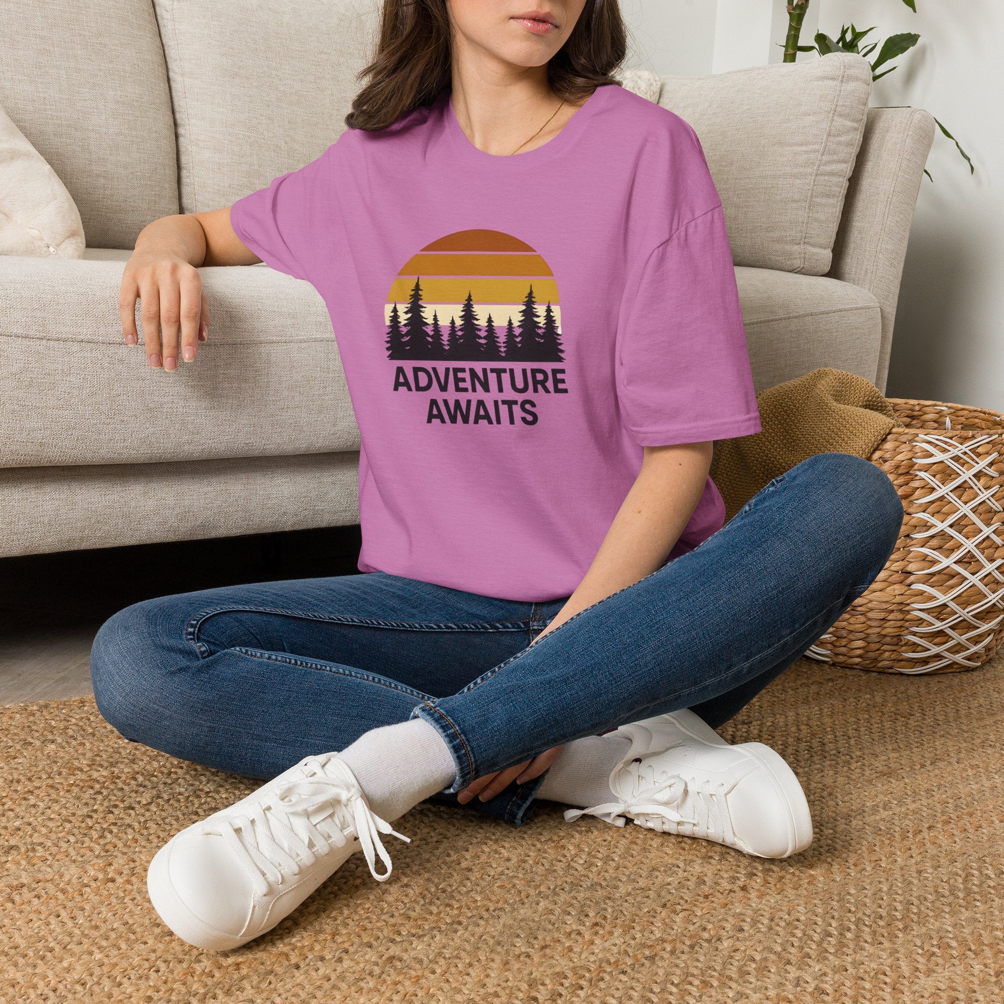 Adventure Awaits T-Shirt — Retro Sunset Forest Graphic Tee