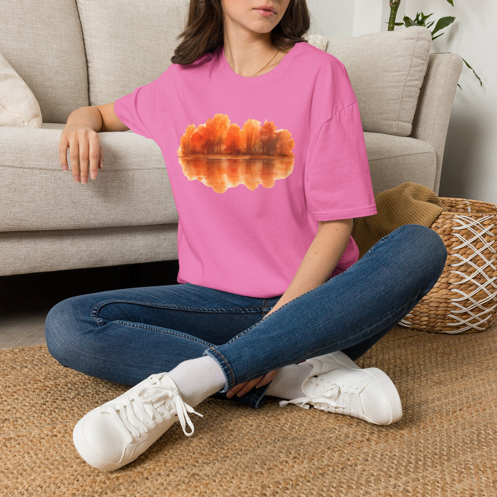 Autumn Lake Reflection T-Shirt — Orange Fall Trees Graphic Tee