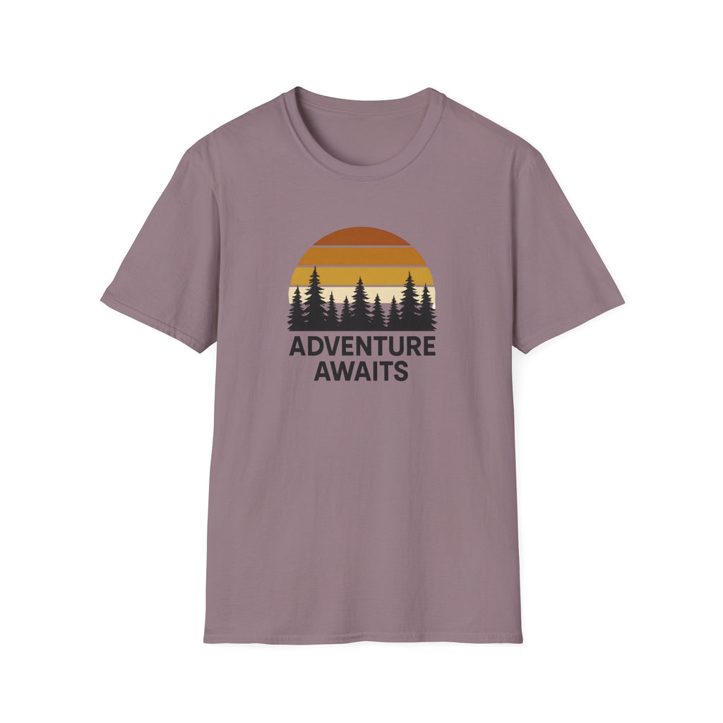 Adventure Awaits T-Shirt — Retro Sunset Forest Graphic Tee