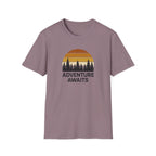 Adventure Awaits T-Shirt — Retro Sunset Forest Graphic Tee