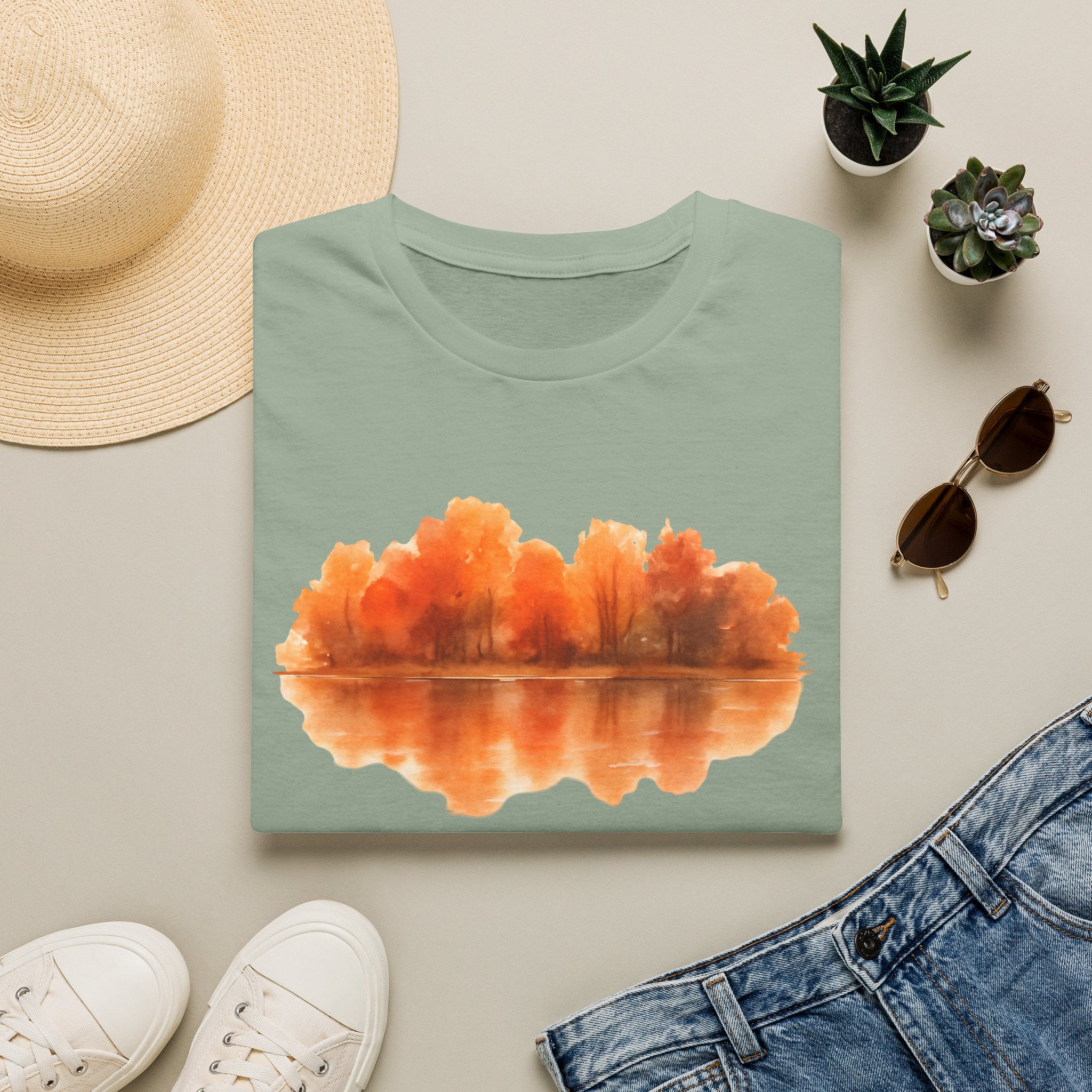 Autumn Lake Reflection T-Shirt — Orange Fall Trees Graphic Tee