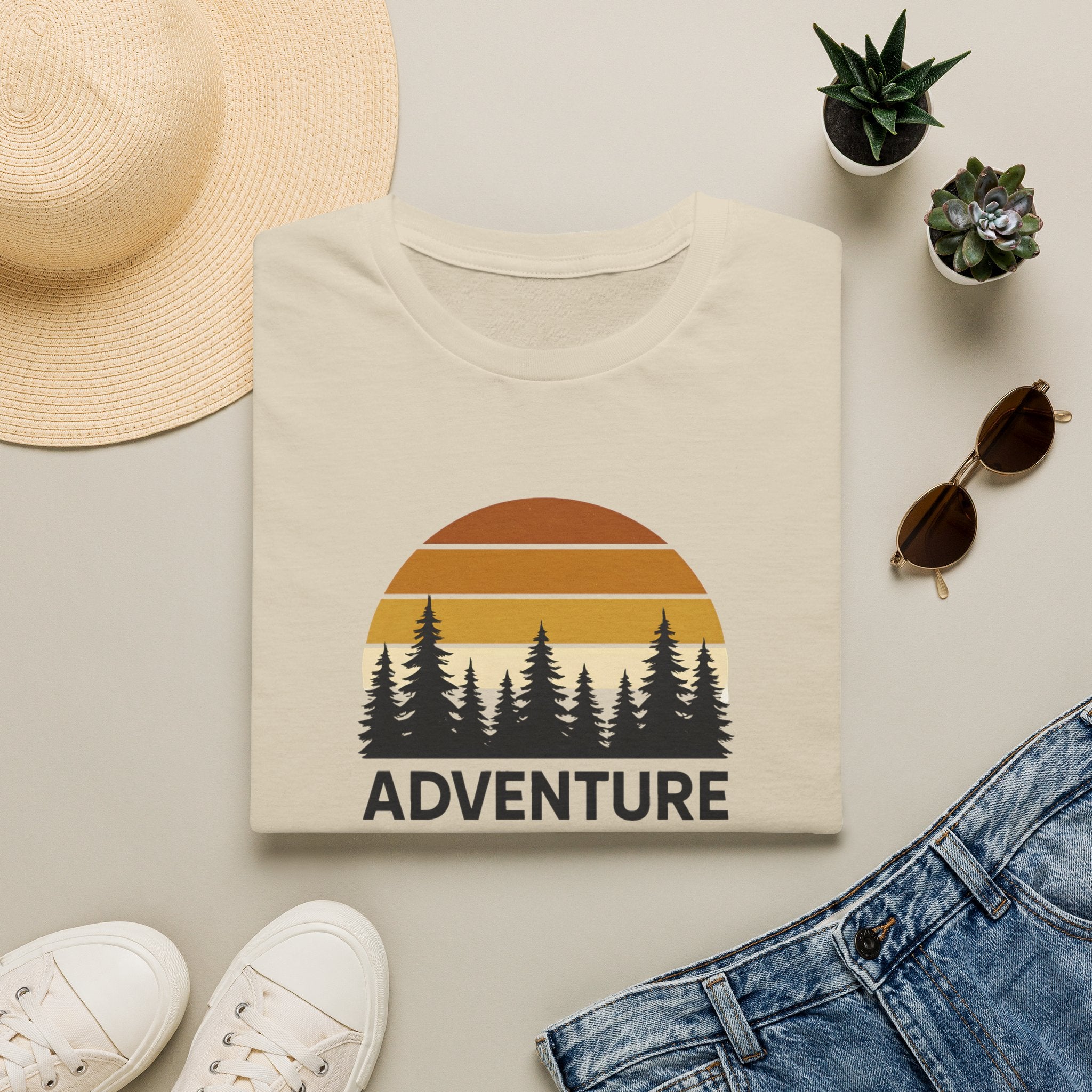 Adventure Awaits T-Shirt — Retro Sunset Forest Graphic Tee