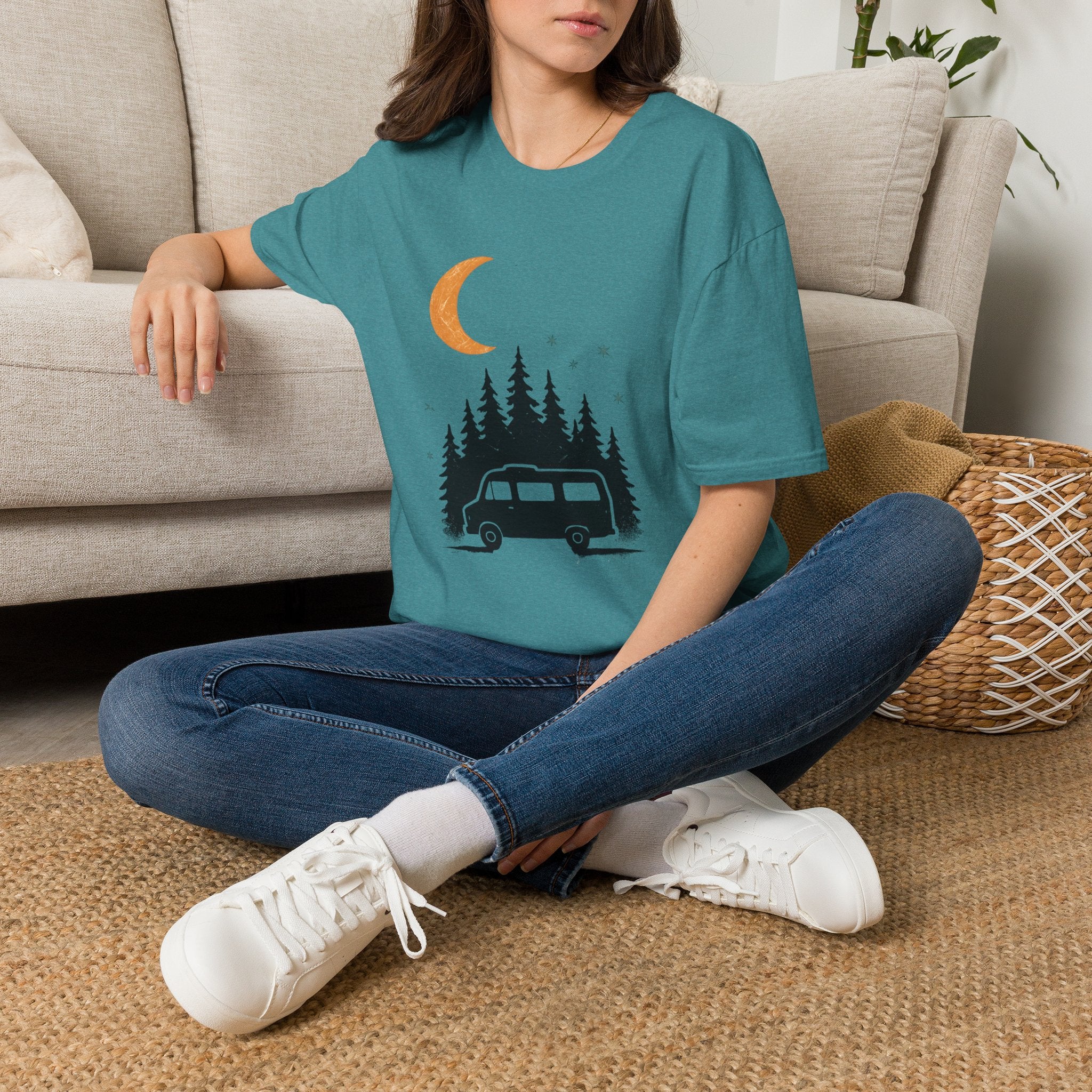 T-Shirt: Retro Camper Night Moon Tee — Forest Van Camping Graphic