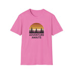 Adventure Awaits T-Shirt — Retro Sunset Forest Graphic Tee