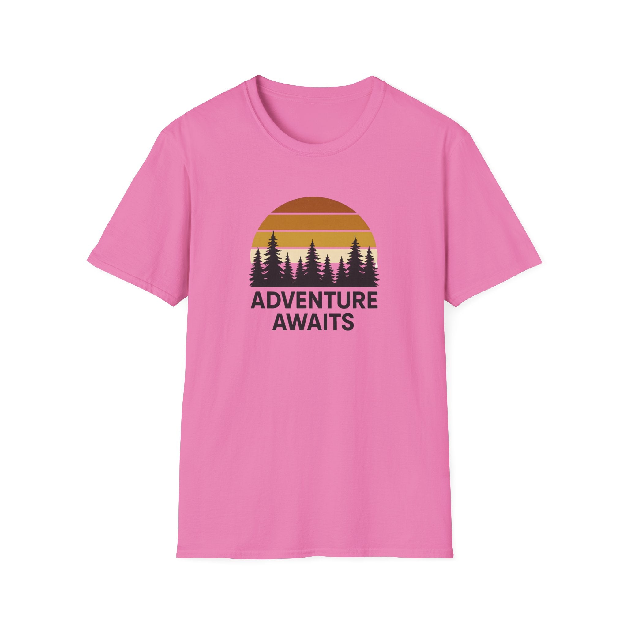 Adventure Awaits T-Shirt — Retro Sunset Forest Graphic Tee
