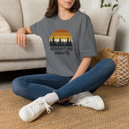 Adventure Awaits T-Shirt — Retro Sunset Forest Graphic Tee