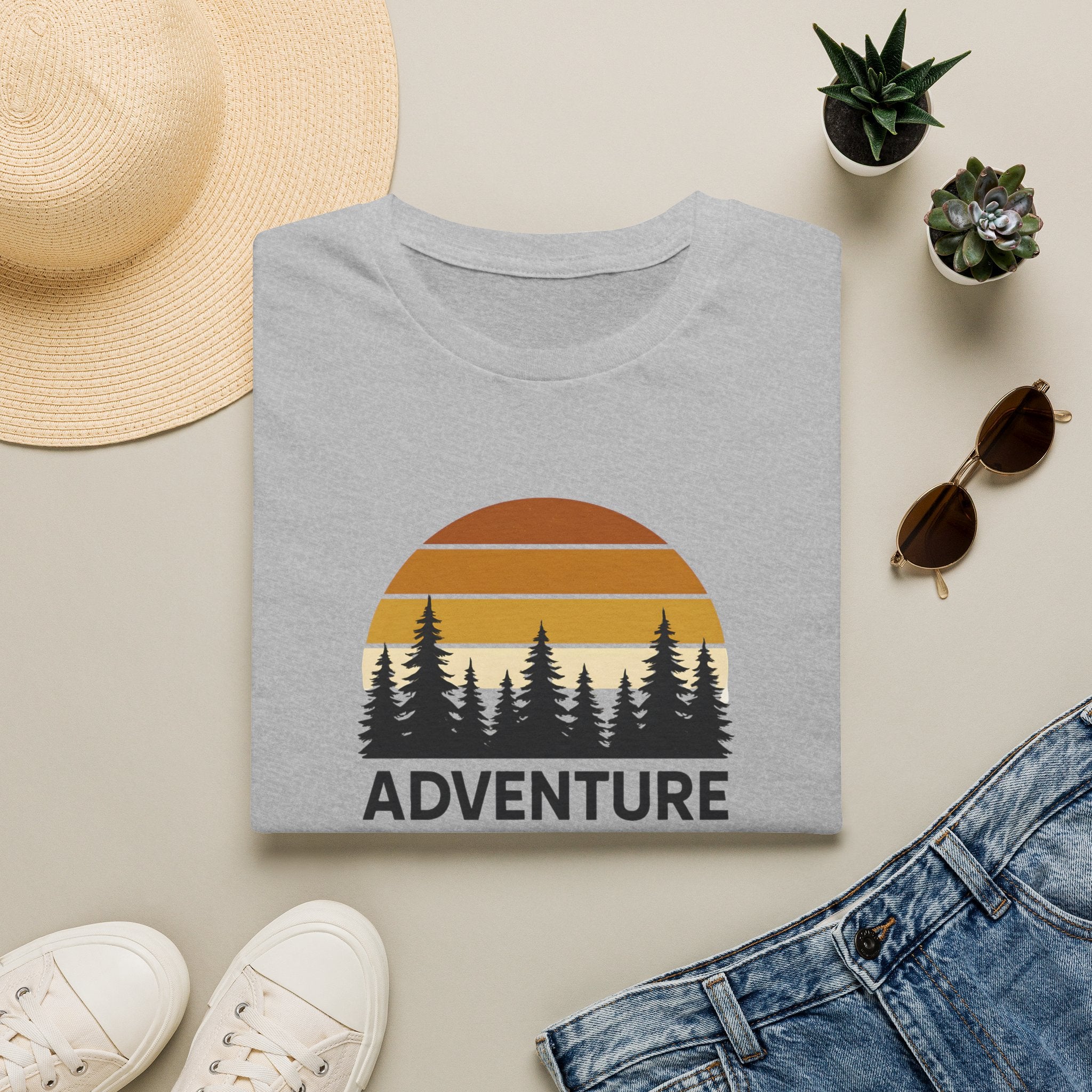 Adventure Awaits T-Shirt — Retro Sunset Forest Graphic Tee