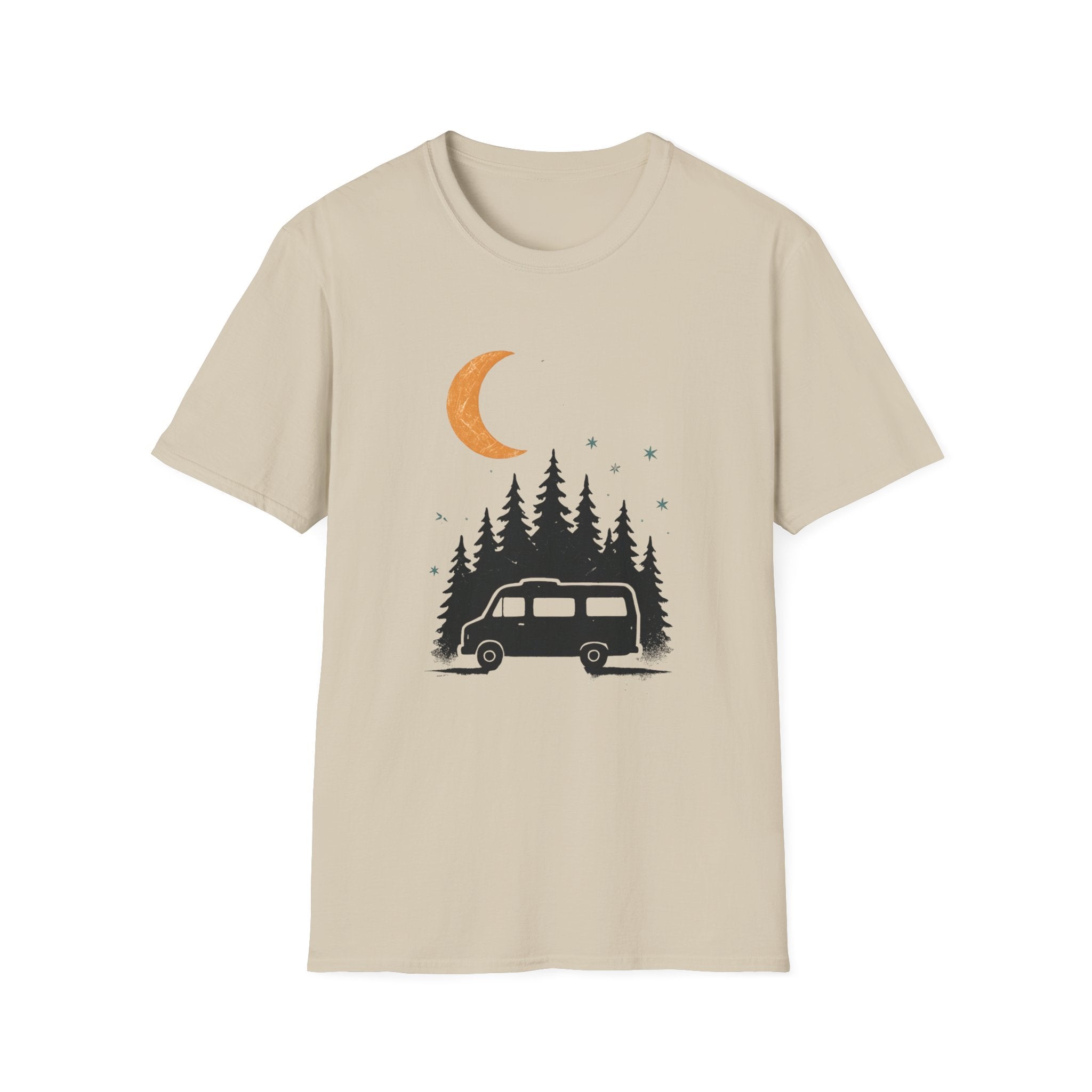 T-Shirt: Retro Camper Night Moon Tee — Forest Van Camping Graphic