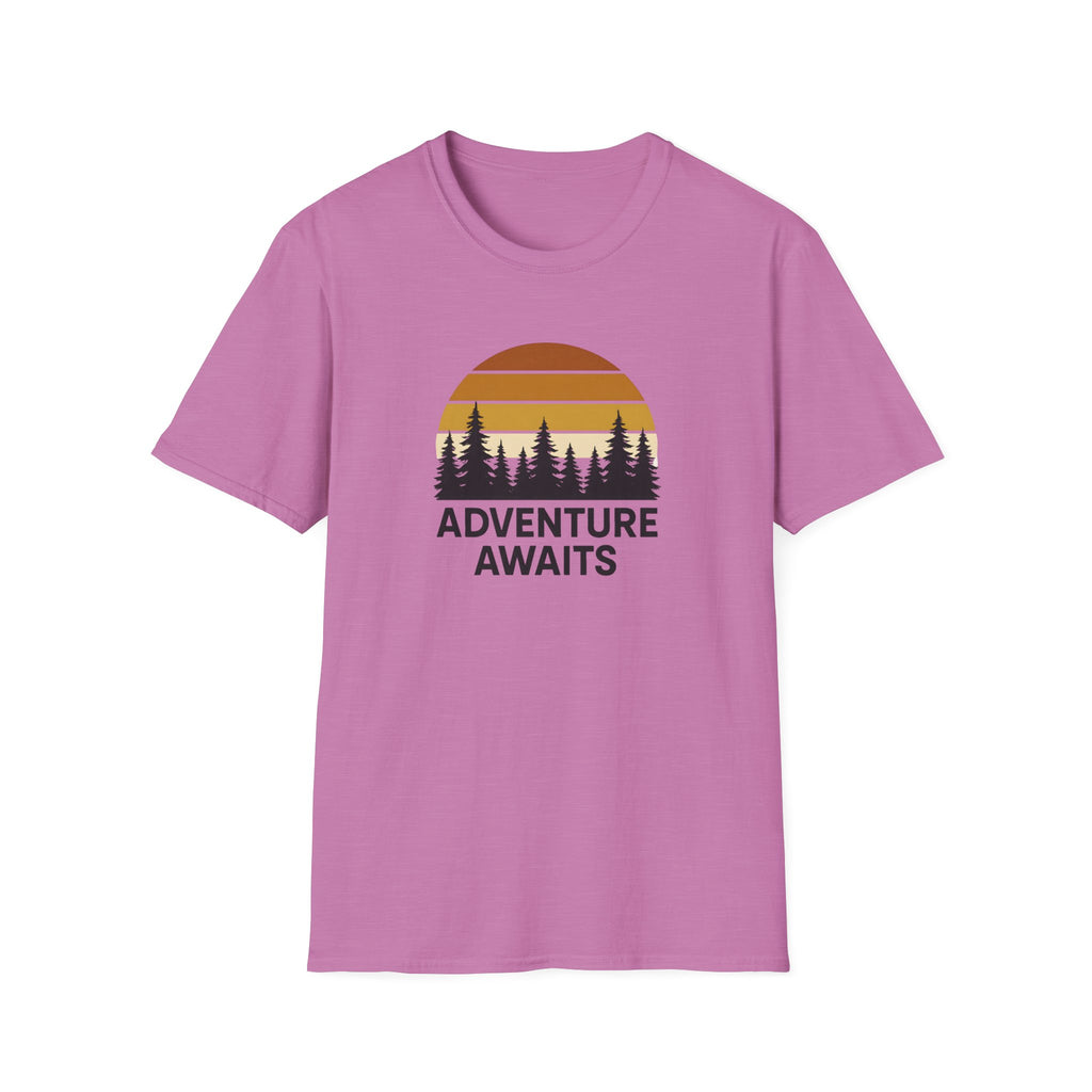 Adventure Awaits T-Shirt — Retro Sunset Forest Graphic Tee