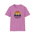 Adventure Awaits T-Shirt — Retro Sunset Forest Graphic Tee