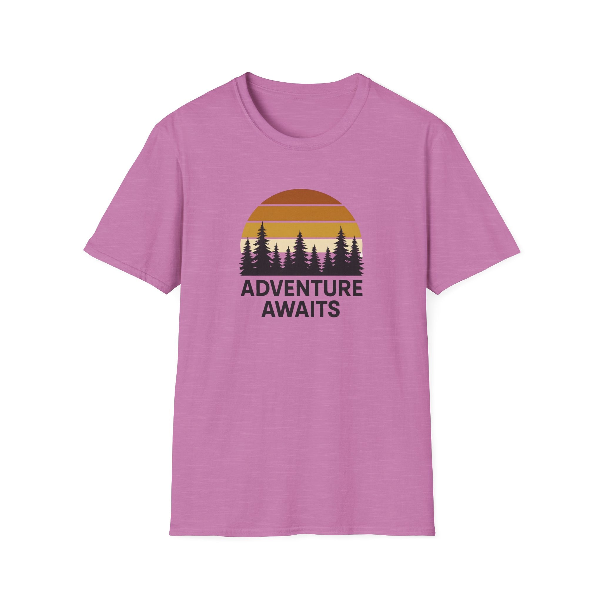 Adventure Awaits T-Shirt — Retro Sunset Forest Graphic Tee