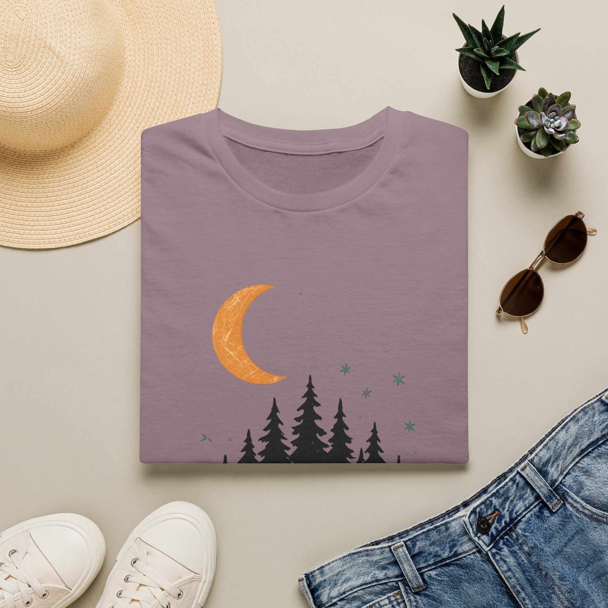 T-Shirt: Retro Camper Night Moon Tee — Forest Van Camping Graphic