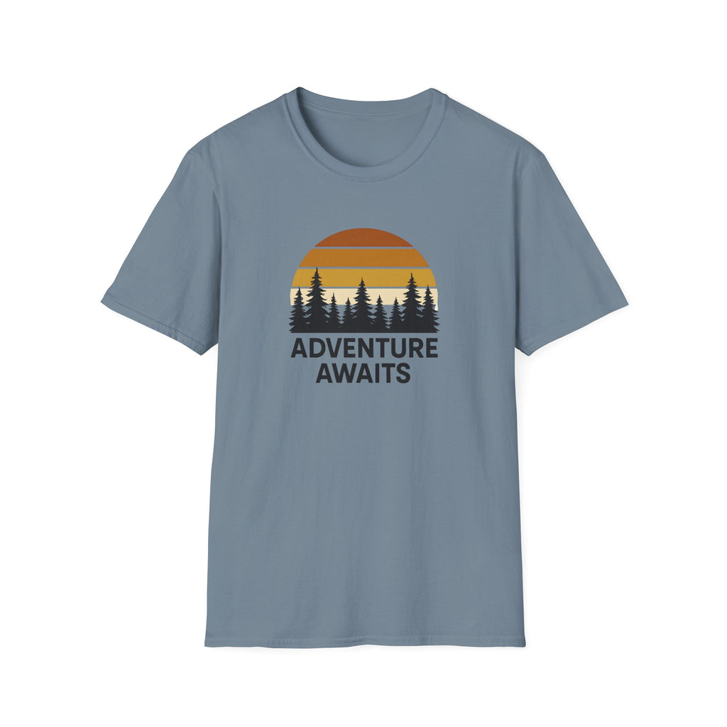 Adventure Awaits T-Shirt — Retro Sunset Forest Graphic Tee