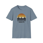 Adventure Awaits T-Shirt — Retro Sunset Forest Graphic Tee