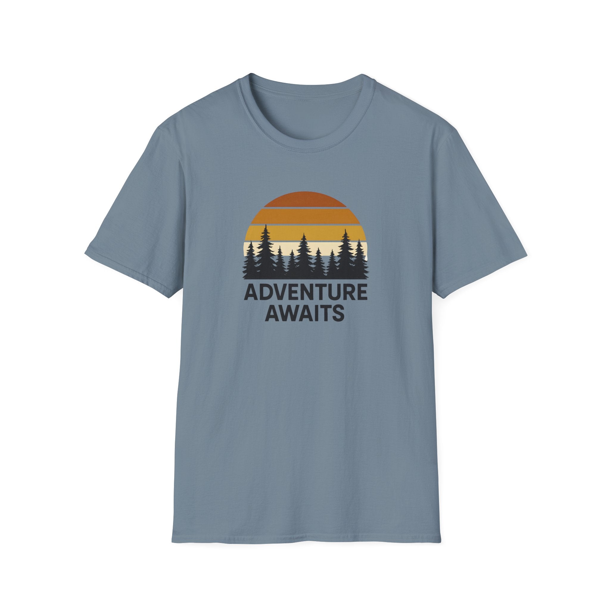 Adventure Awaits T-Shirt — Retro Sunset Forest Graphic Tee