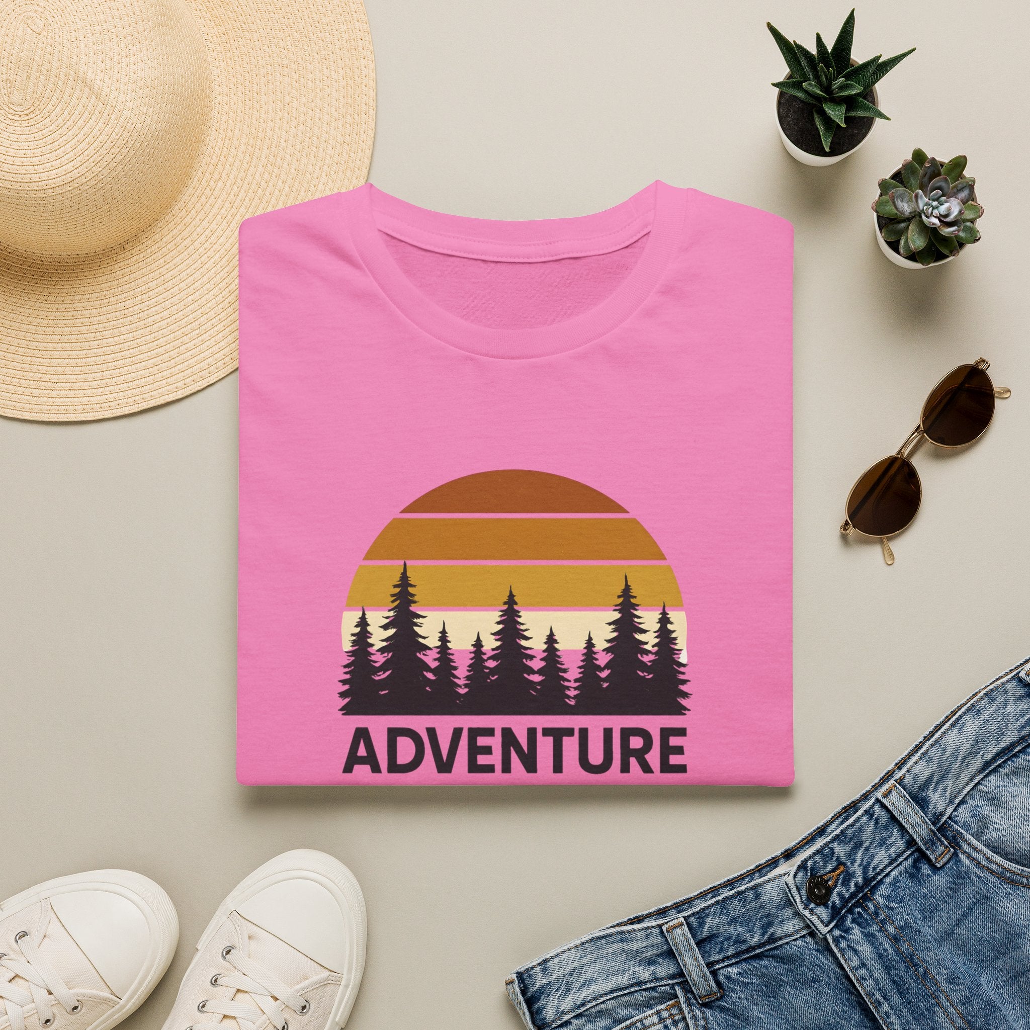 Adventure Awaits T-Shirt — Retro Sunset Forest Graphic Tee
