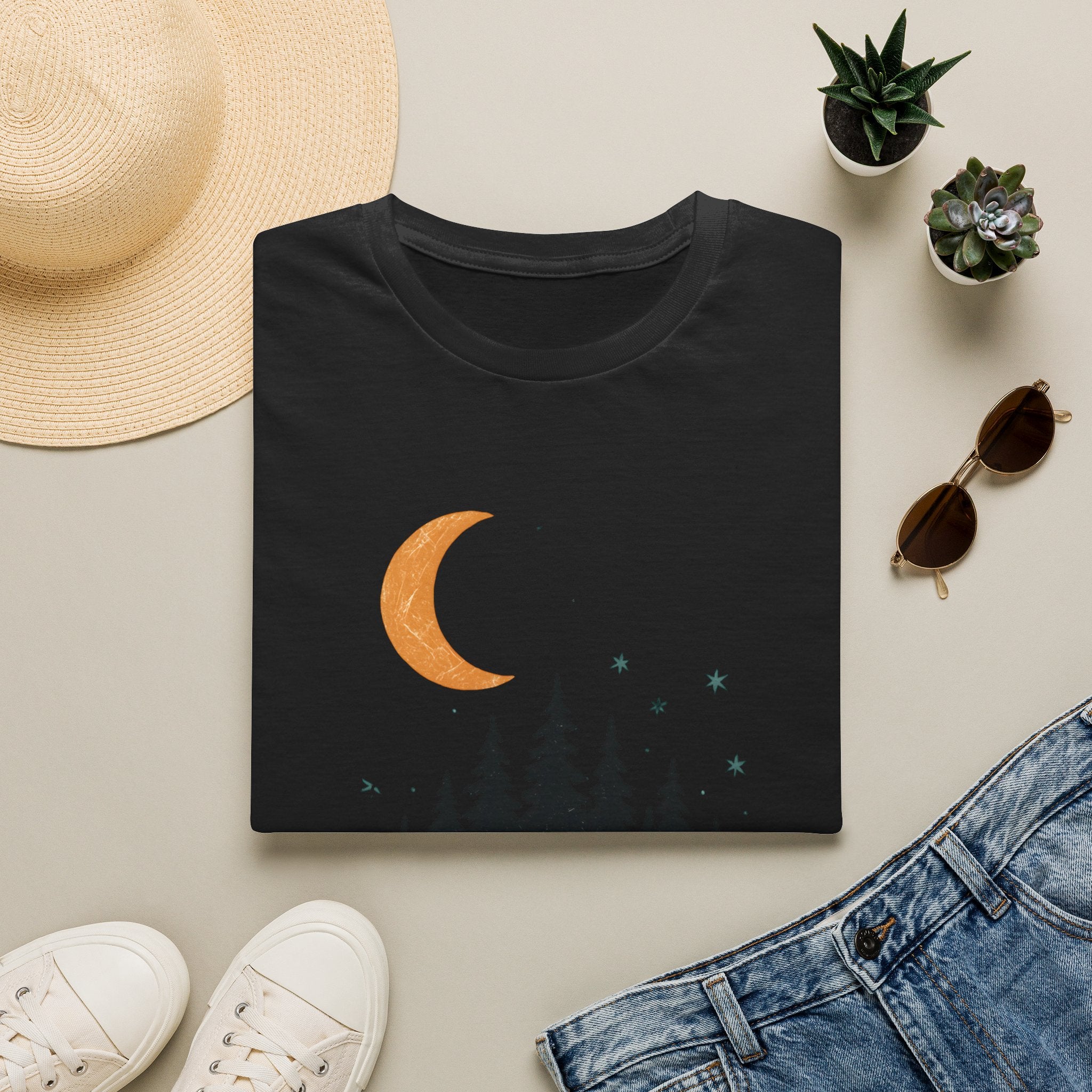 T-Shirt: Retro Camper Night Moon Tee — Forest Van Camping Graphic