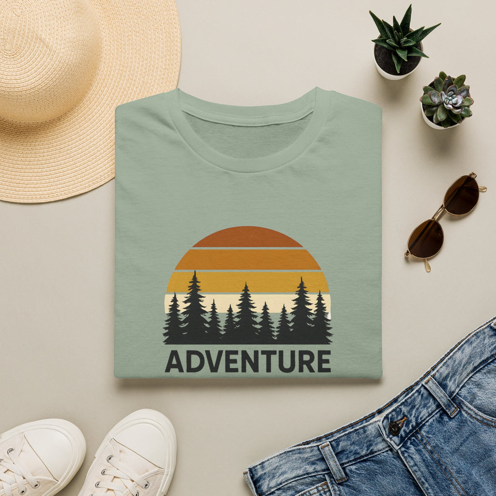 Adventure Awaits T-Shirt — Retro Sunset Forest Graphic Tee