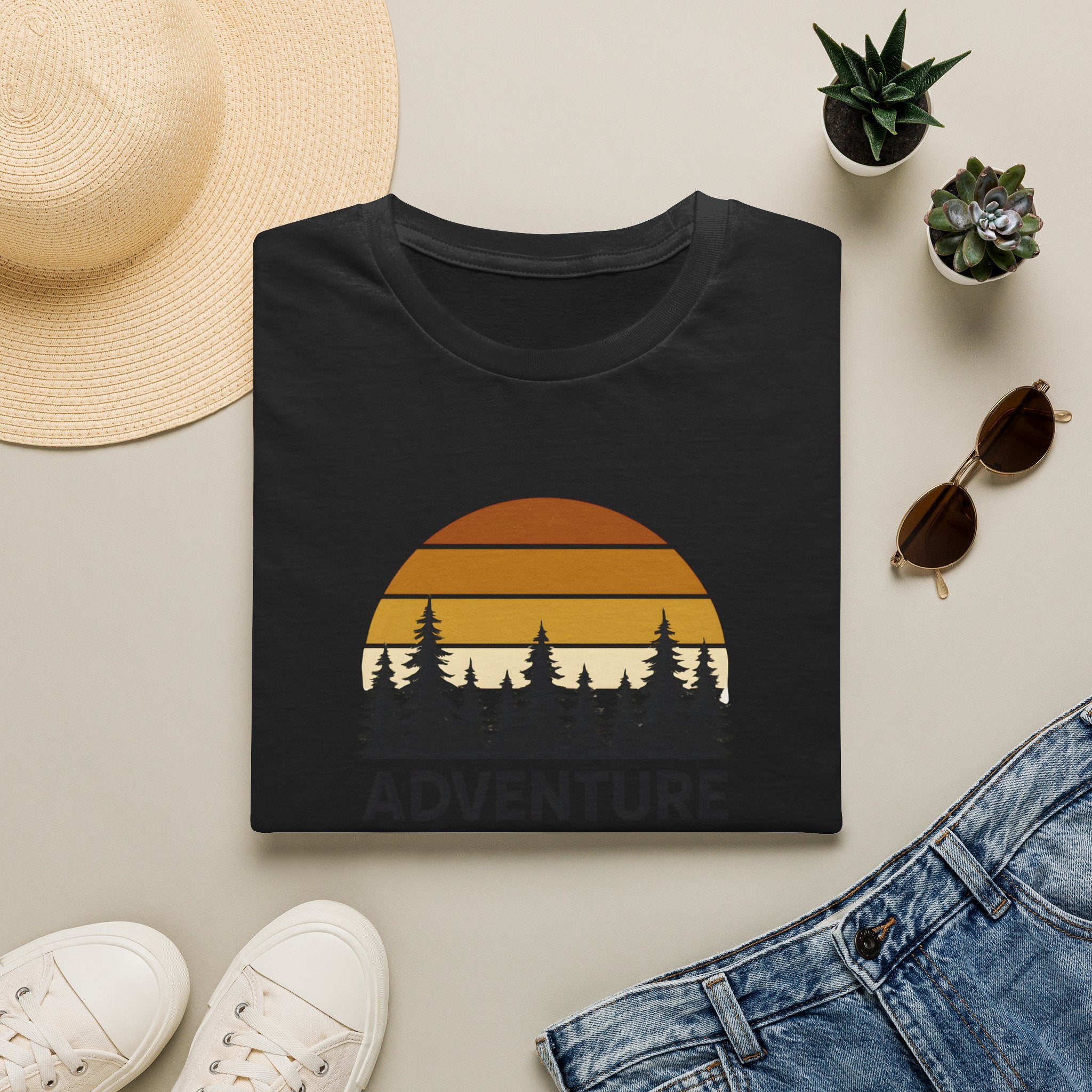 Adventure Awaits T-Shirt — Retro Sunset Forest Graphic Tee