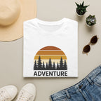 Adventure Awaits T-Shirt — Retro Sunset Forest Graphic Tee