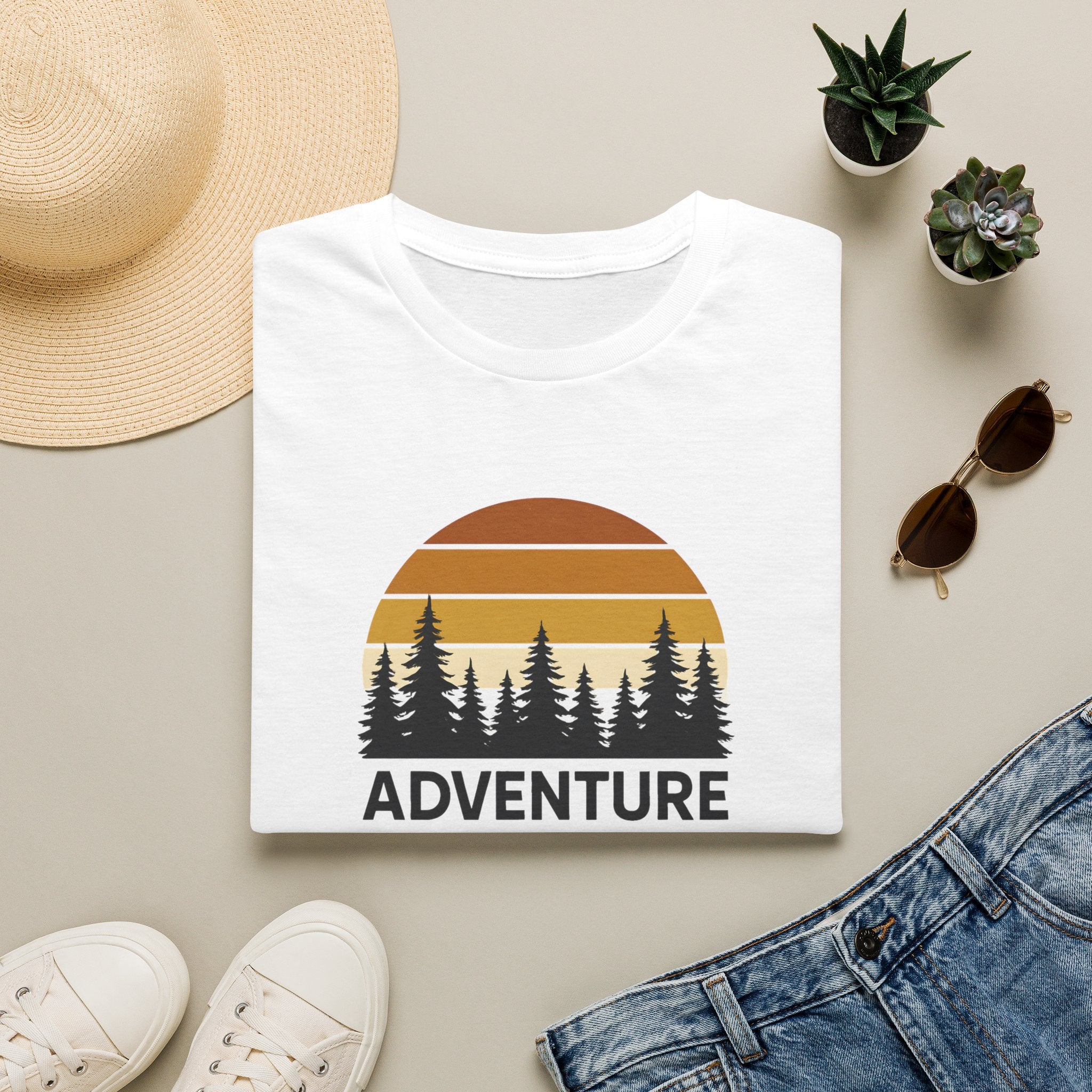 Adventure Awaits T-Shirt — Retro Sunset Forest Graphic Tee