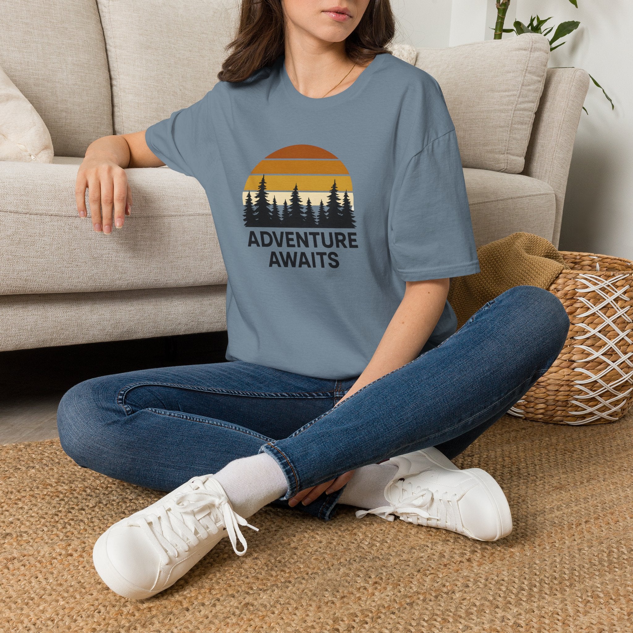 Adventure Awaits T-Shirt — Retro Sunset Forest Graphic Tee