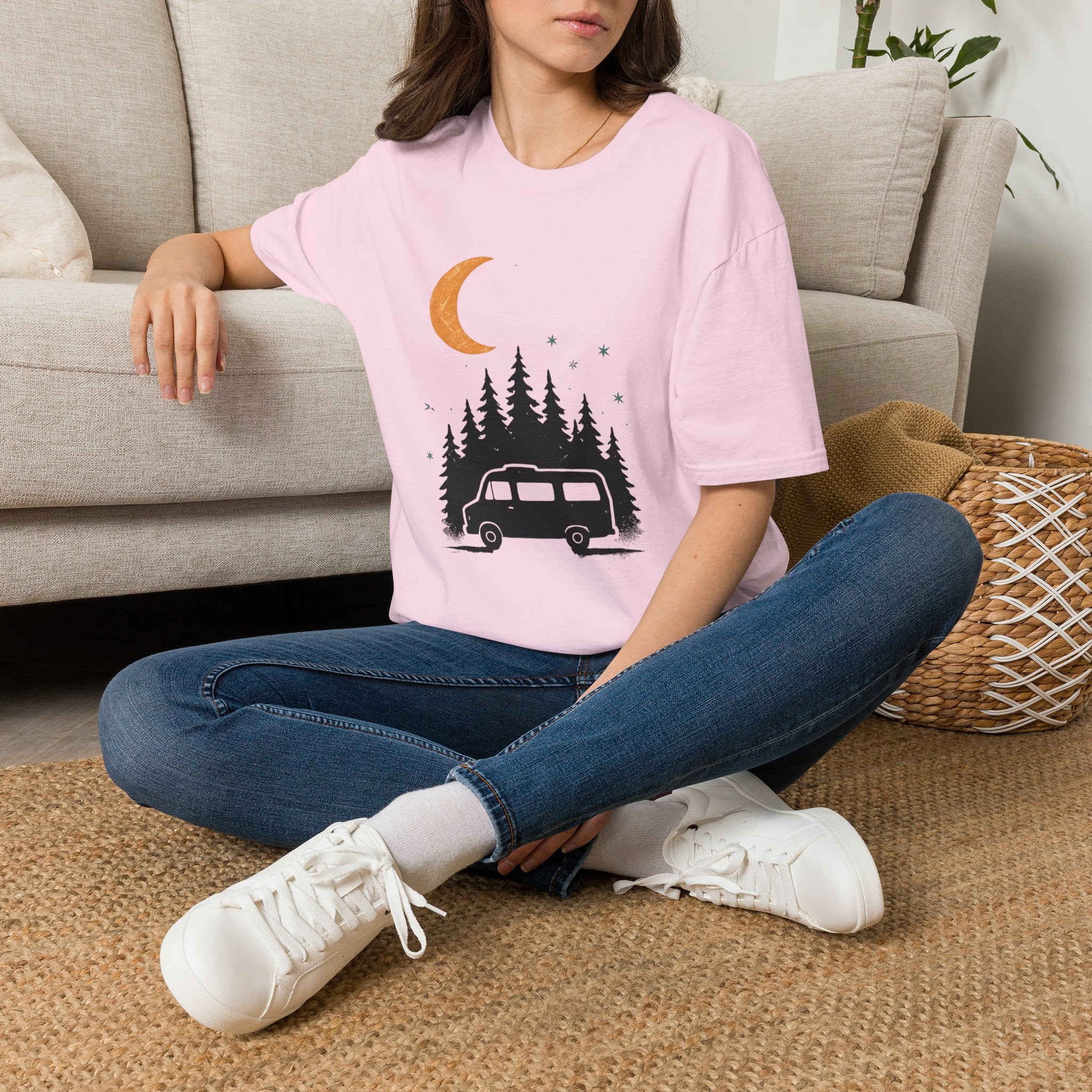 T-Shirt: Retro Camper Night Moon Tee — Forest Van Camping Graphic