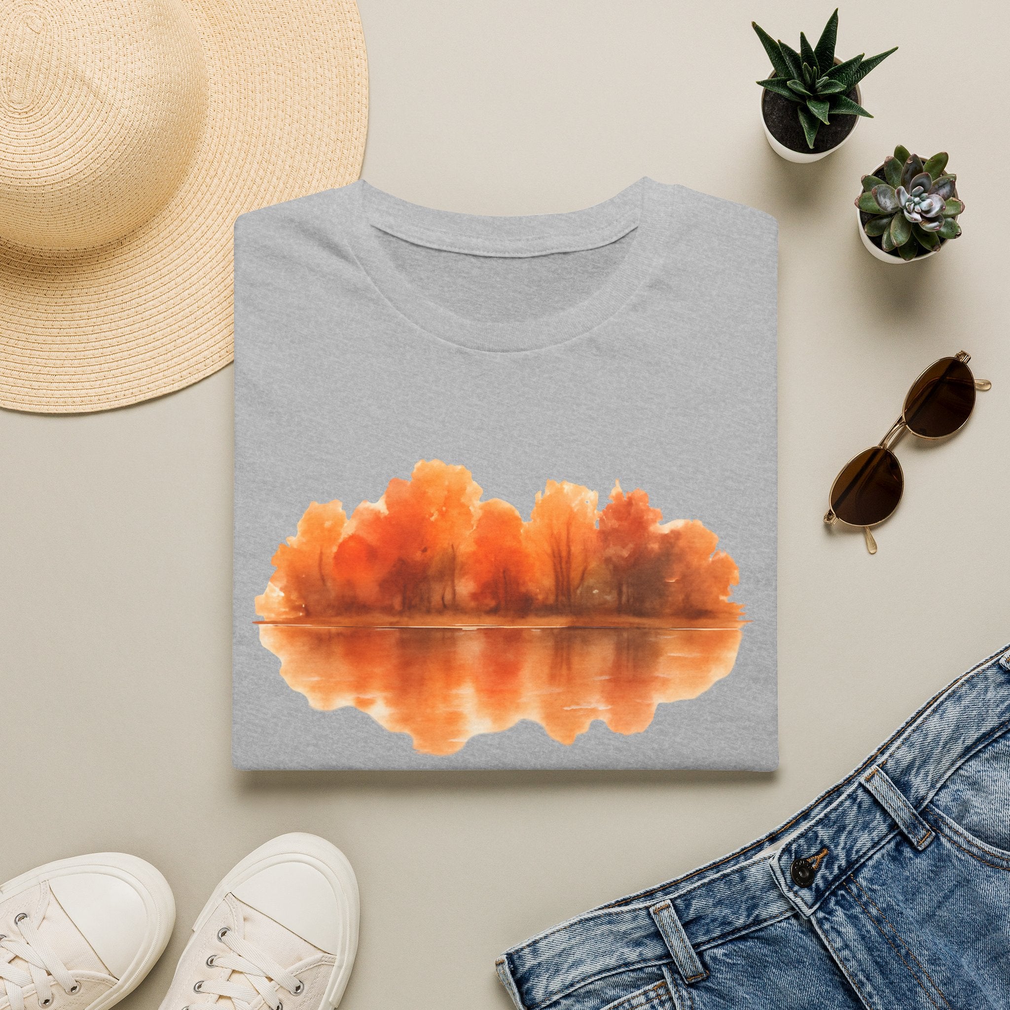 Autumn Lake Reflection T-Shirt — Orange Fall Trees Graphic Tee