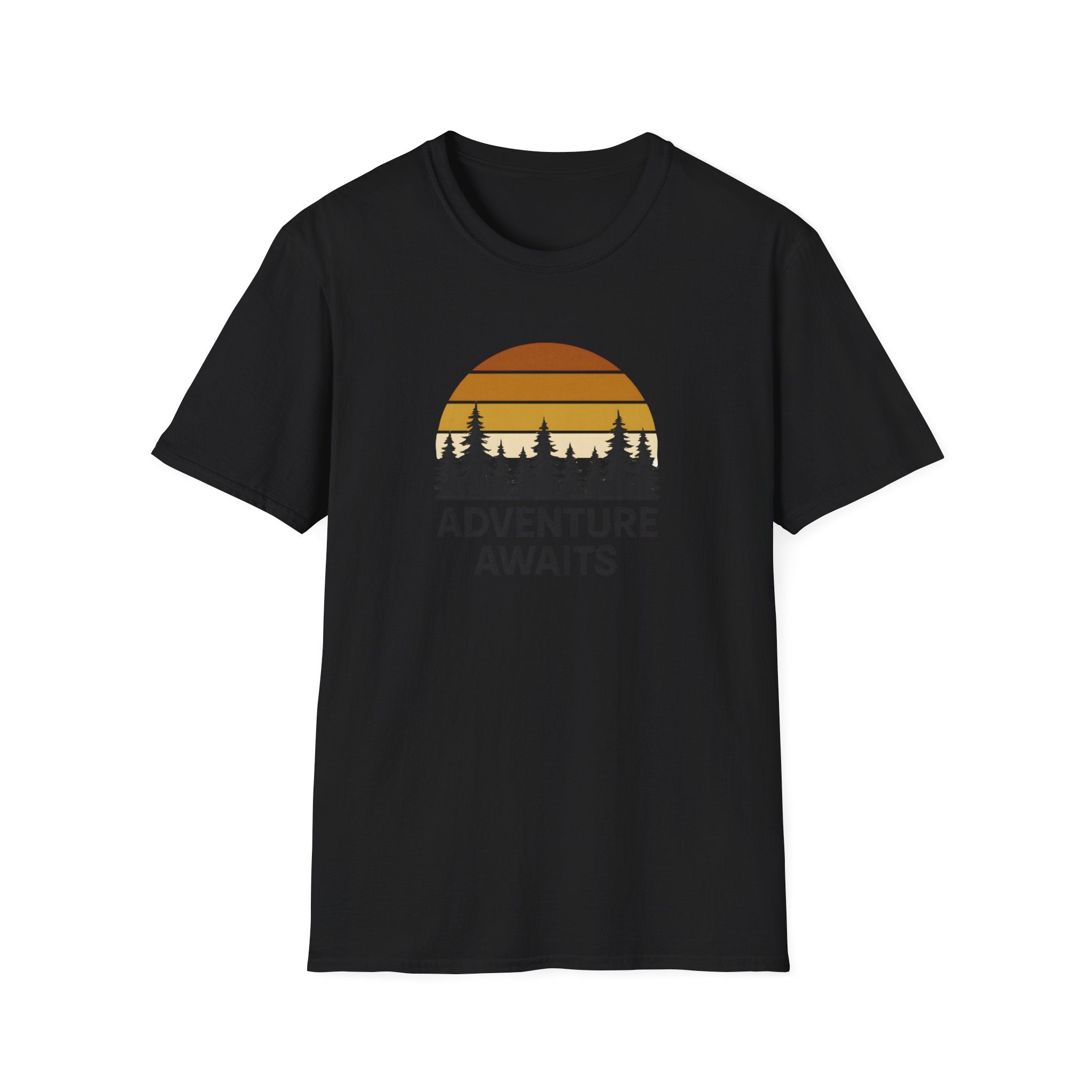 Adventure Awaits T-Shirt — Retro Sunset Forest Graphic Tee