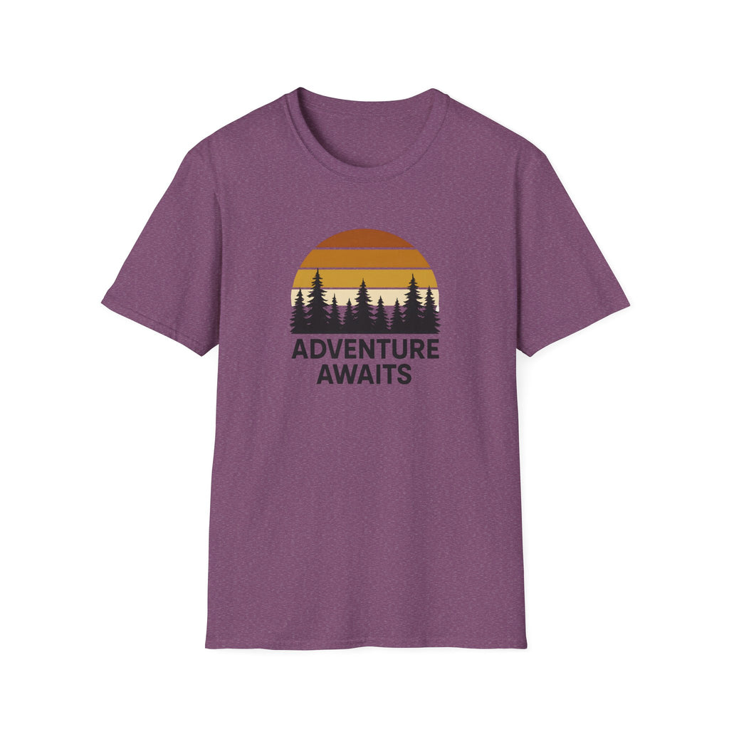 Adventure Awaits T-Shirt — Retro Sunset Forest Graphic Tee