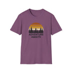 Adventure Awaits T-Shirt — Retro Sunset Forest Graphic Tee