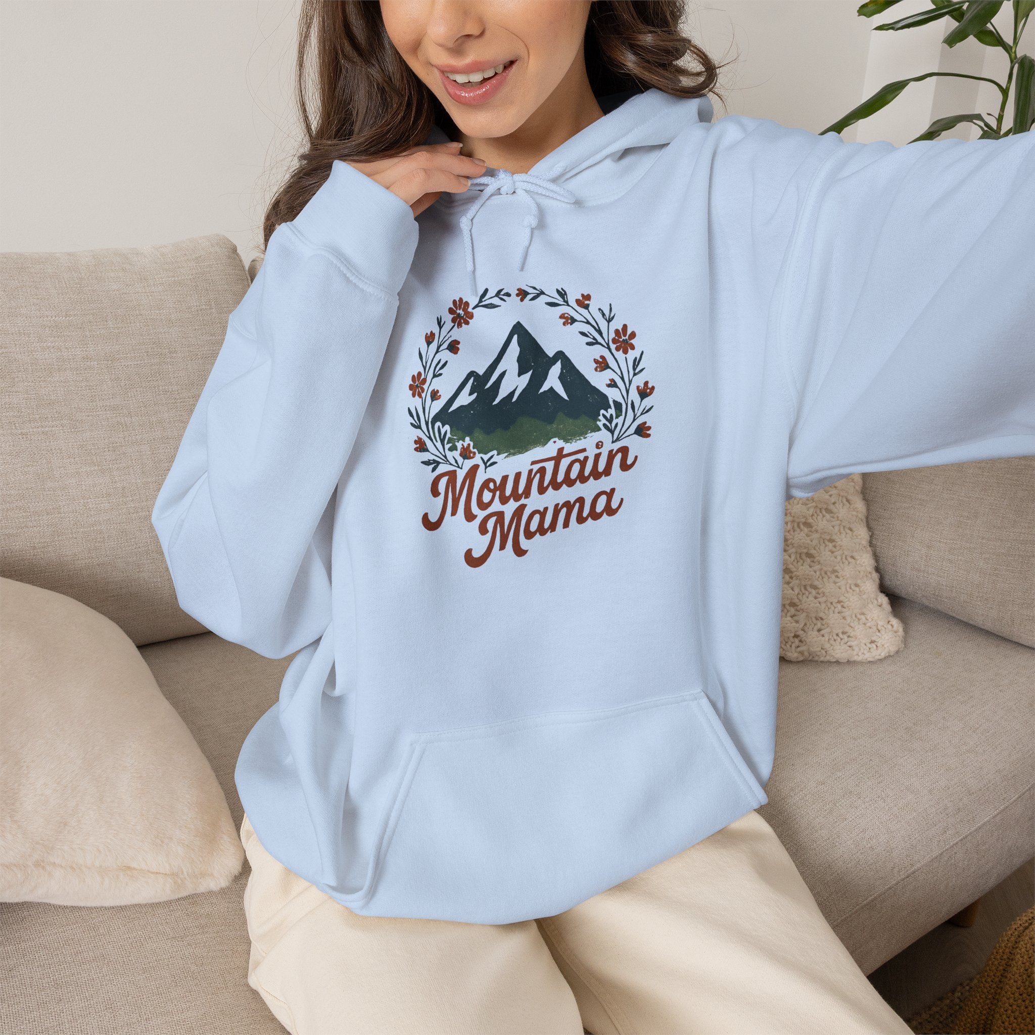 Mountain Mama Hoodie — Floral Mountain Graphic Pullover for Outdoor Moms