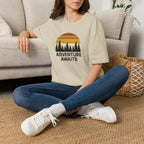 Adventure Awaits T-Shirt — Retro Sunset Forest Graphic Tee