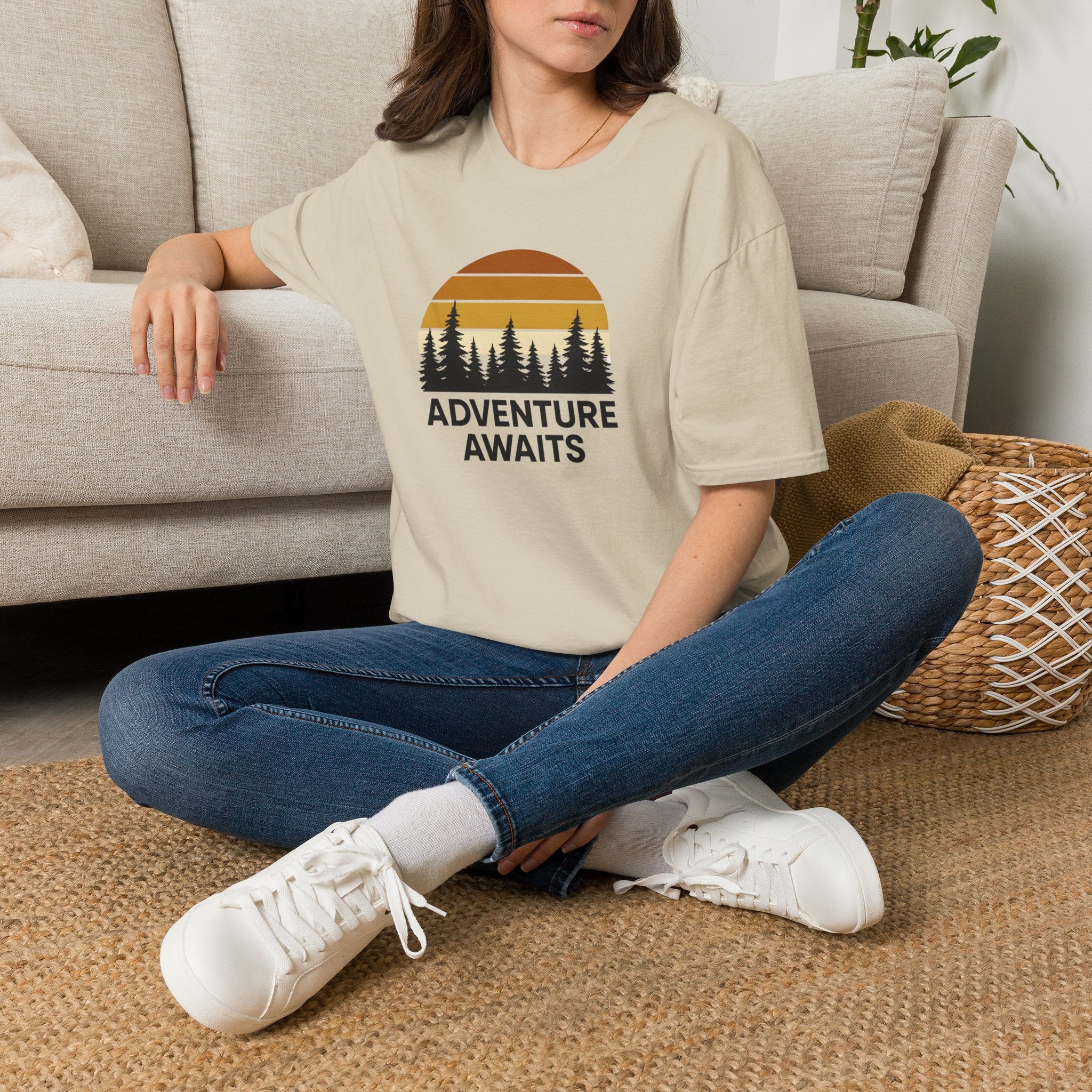 Adventure Awaits T-Shirt — Retro Sunset Forest Graphic Tee