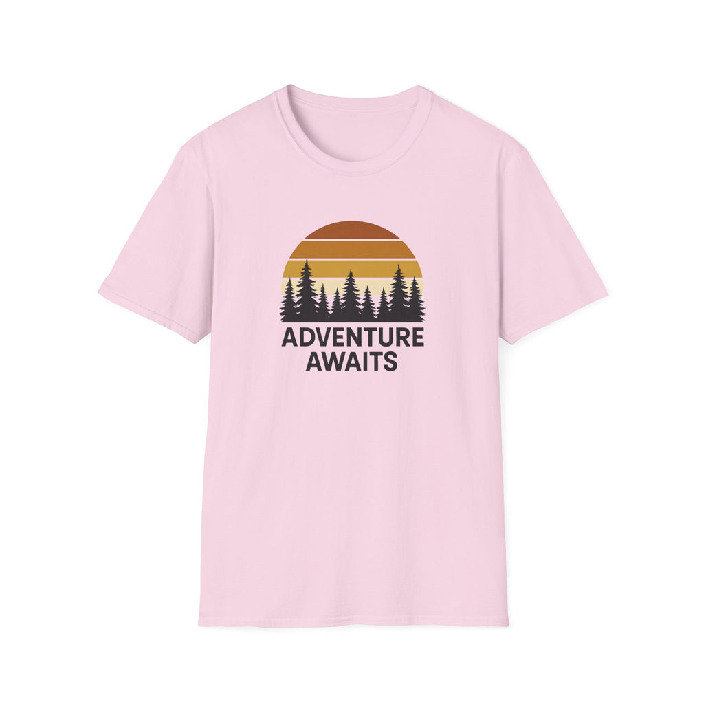 Adventure Awaits T-Shirt — Retro Sunset Forest Graphic Tee