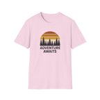 Adventure Awaits T-Shirt — Retro Sunset Forest Graphic Tee