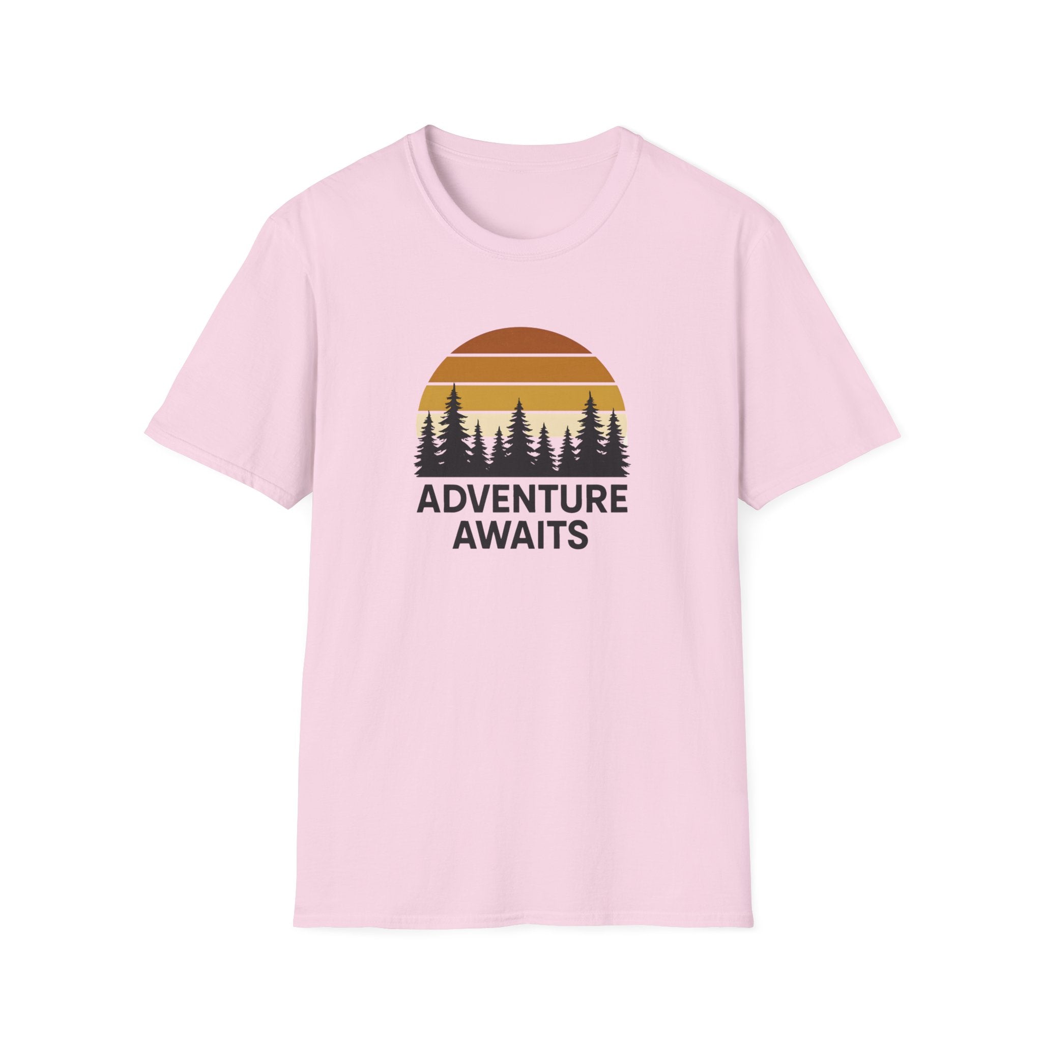 Adventure Awaits T-Shirt — Retro Sunset Forest Graphic Tee